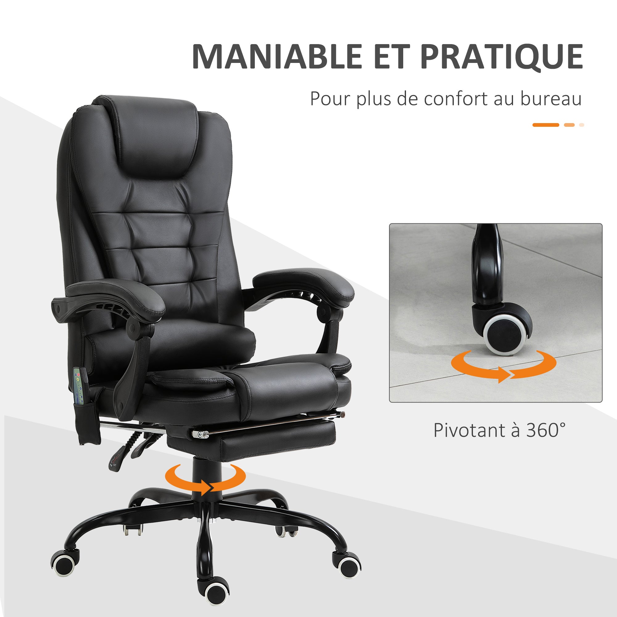 Fauteuil de bureau massant, chaise de bureau, chaise ergonomique avec hauteur réglable, dossier inclinable et télécommande filaire, repose-pieds rétractable et pivotant à 360°, noir