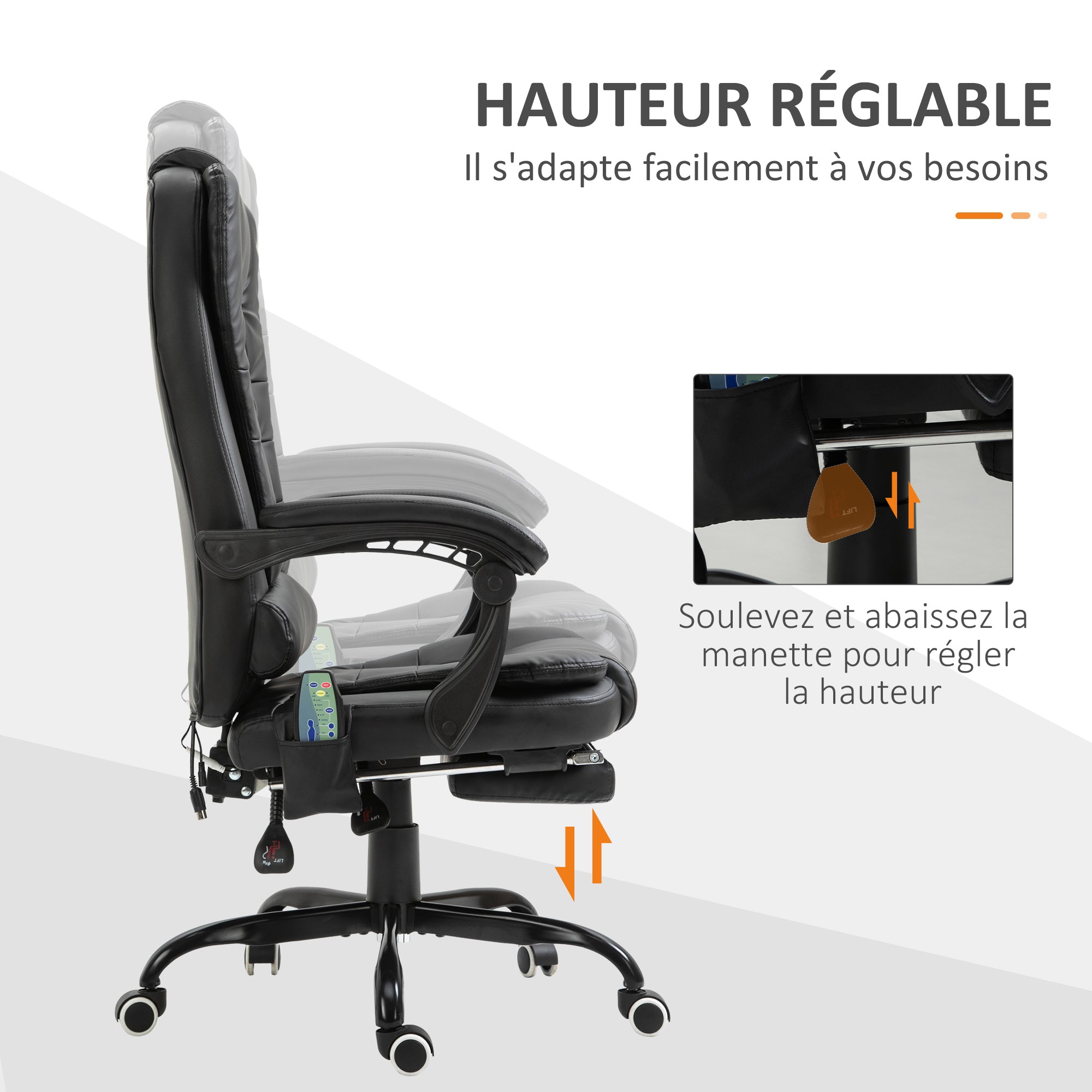 Fauteuil de bureau massant, chaise de bureau, chaise ergonomique avec hauteur réglable, dossier inclinable et télécommande filaire, repose-pieds rétractable et pivotant à 360°, noir