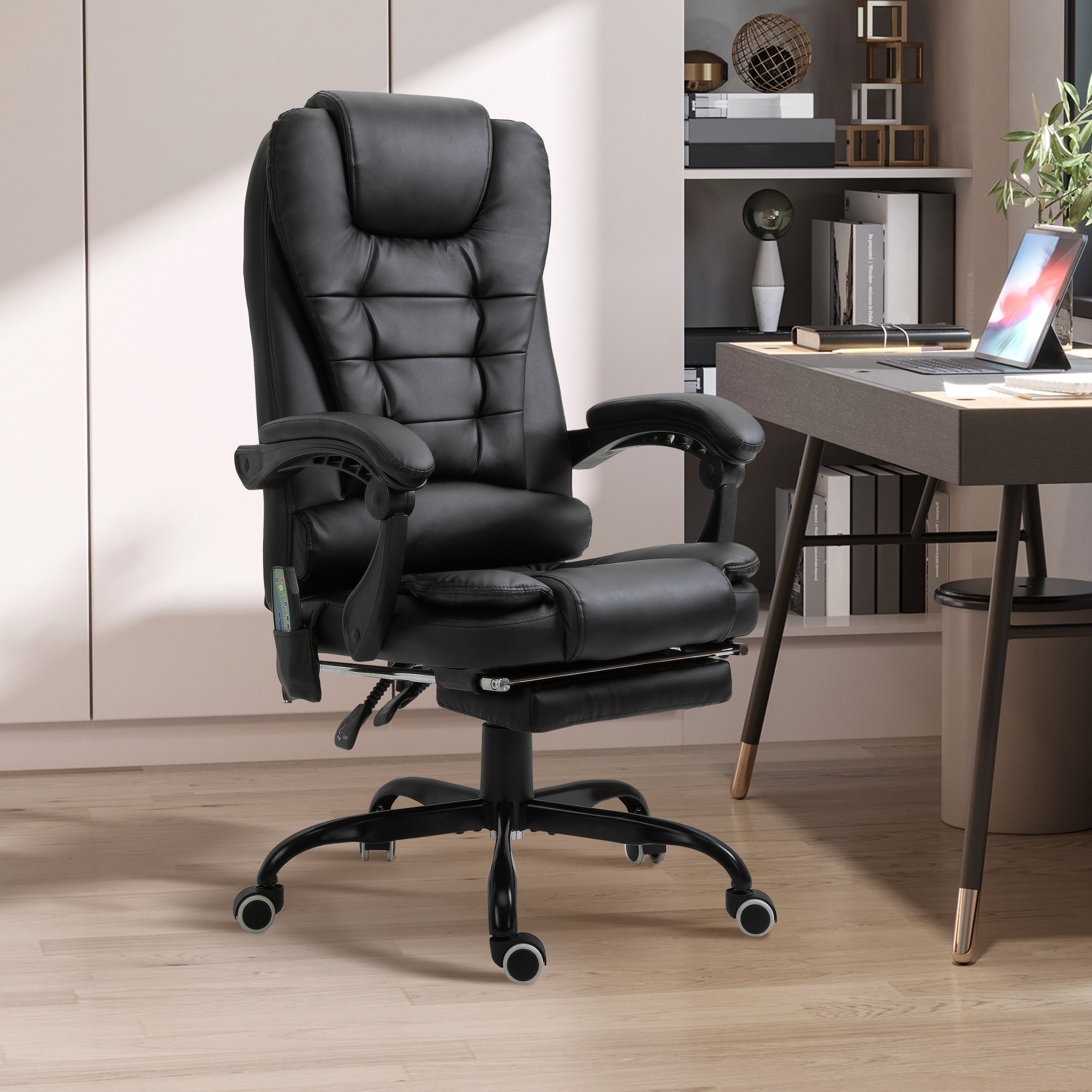 Fauteuil de bureau massant, chaise de bureau, chaise ergonomique avec hauteur réglable, dossier inclinable et télécommande filaire, repose-pieds rétractable et pivotant à 360°, noir