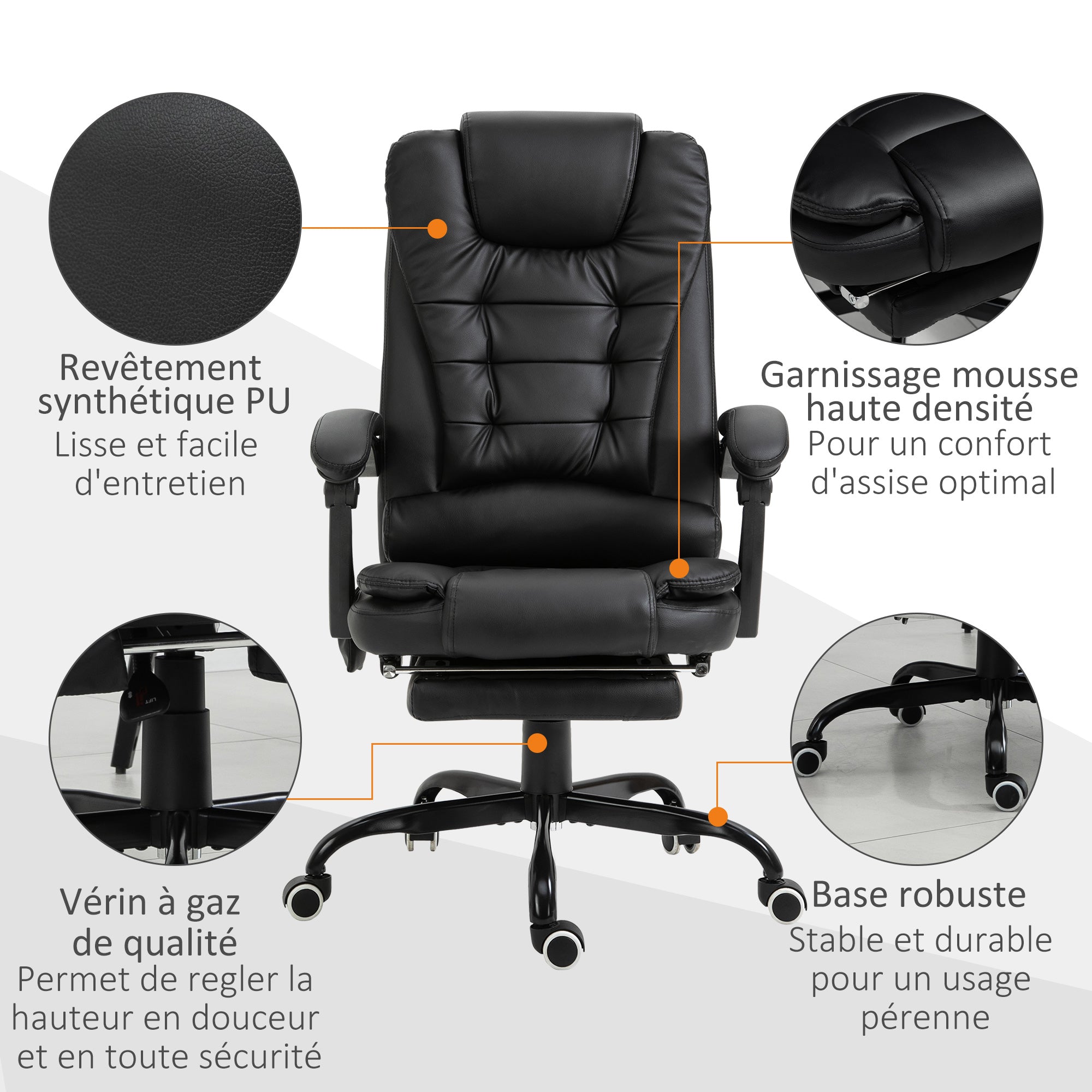 Fauteuil de bureau massant, chaise de bureau, chaise ergonomique avec hauteur réglable, dossier inclinable et télécommande filaire, repose-pieds rétractable et pivotant à 360°, noir
