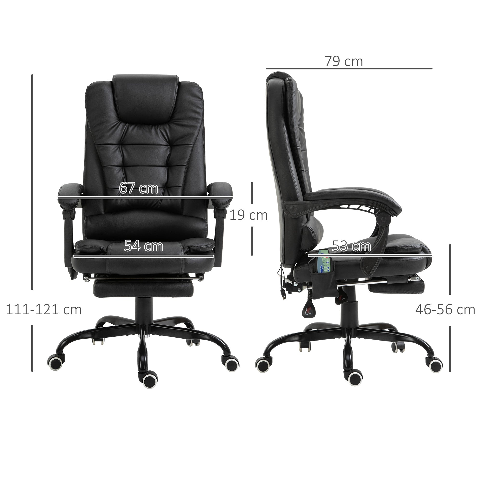 Fauteuil de bureau massant, chaise de bureau, chaise ergonomique avec hauteur réglable, dossier inclinable et télécommande filaire, repose-pieds rétractable et pivotant à 360°, noir