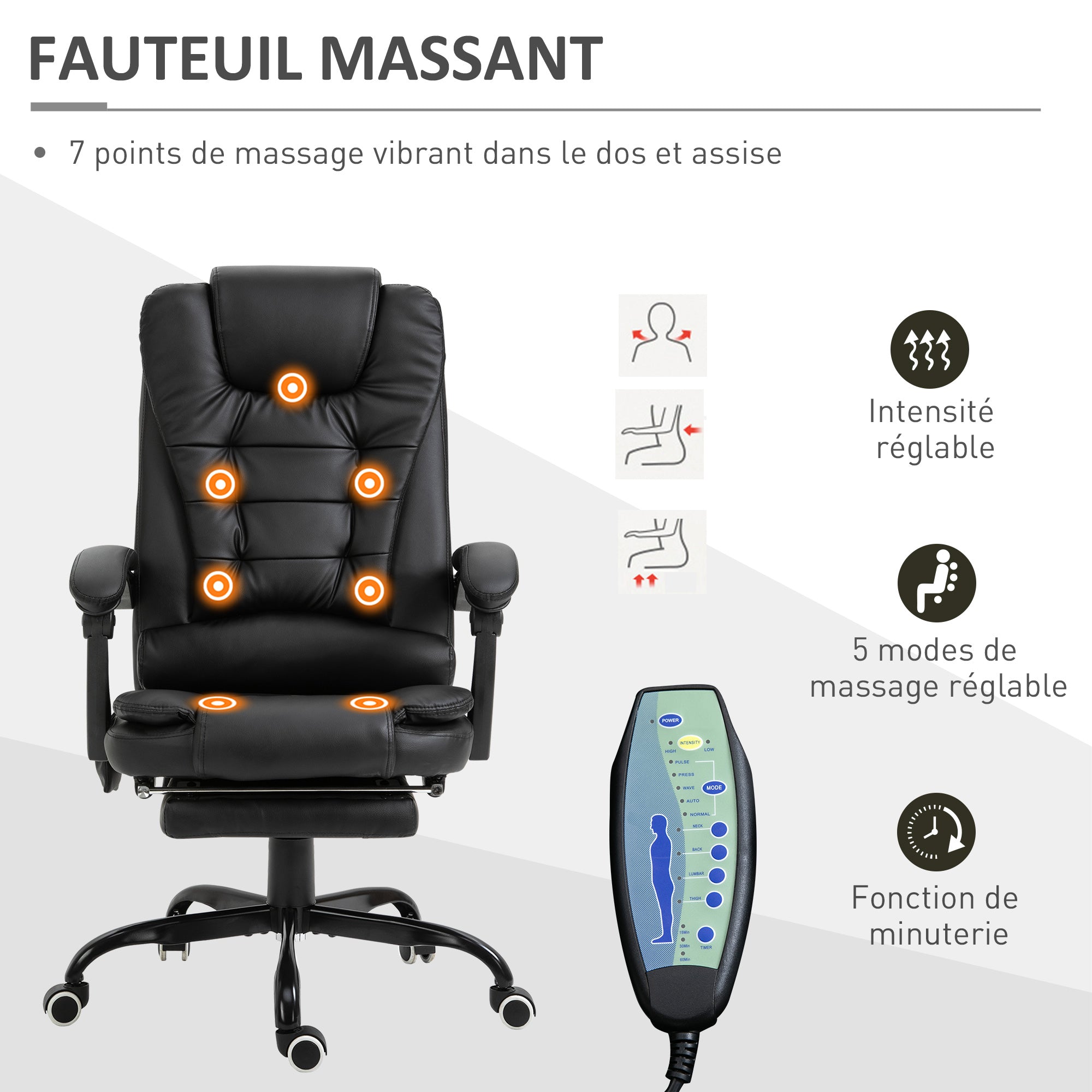 Fauteuil de bureau massant, chaise de bureau, chaise ergonomique avec hauteur réglable, dossier inclinable et télécommande filaire, repose-pieds rétractable et pivotant à 360°, noir