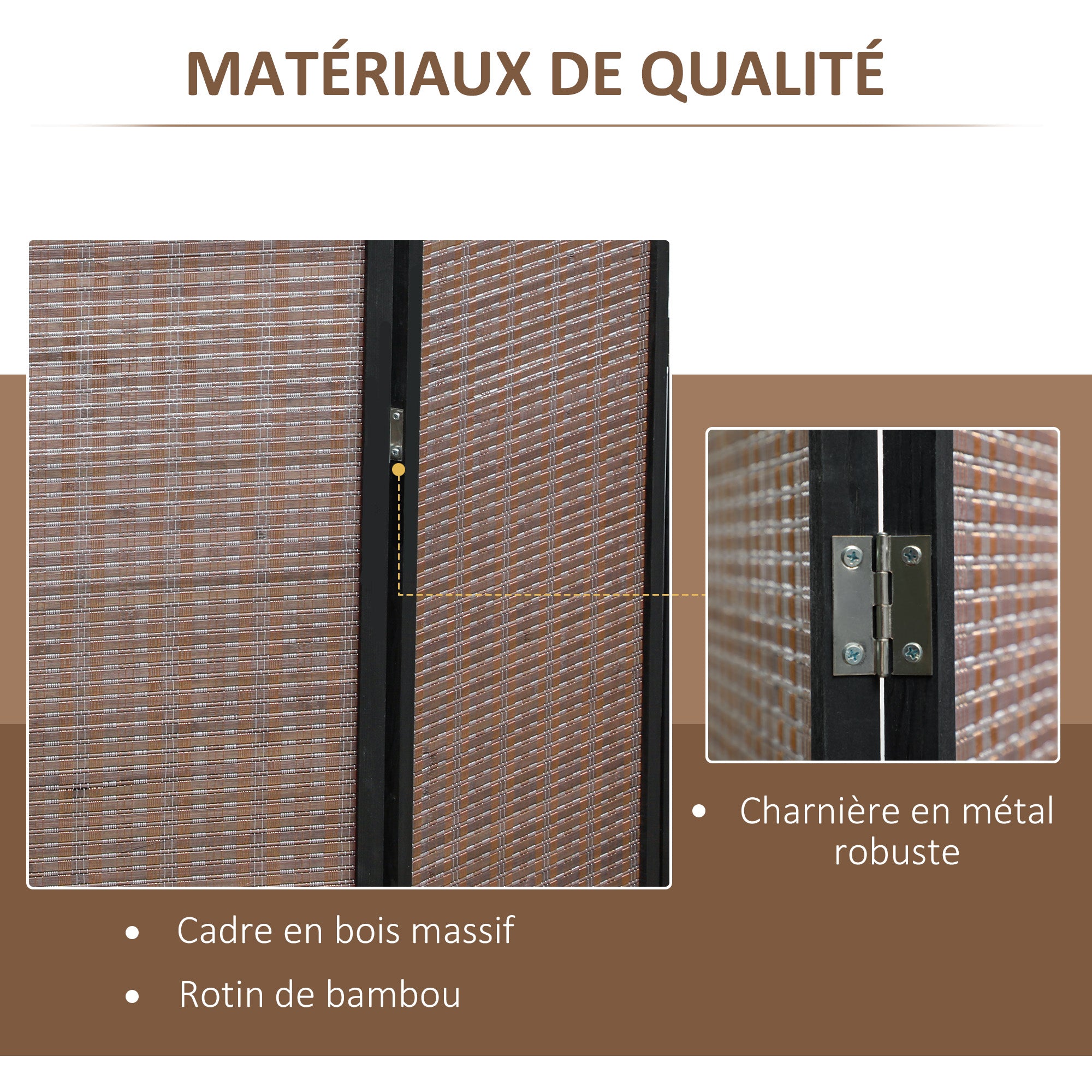 Paravent interieur en bois 4 panneaux 180 x 180 cm séparateur de pièce pliable cloison de séparation pour salon chambre à coucher maison, marron