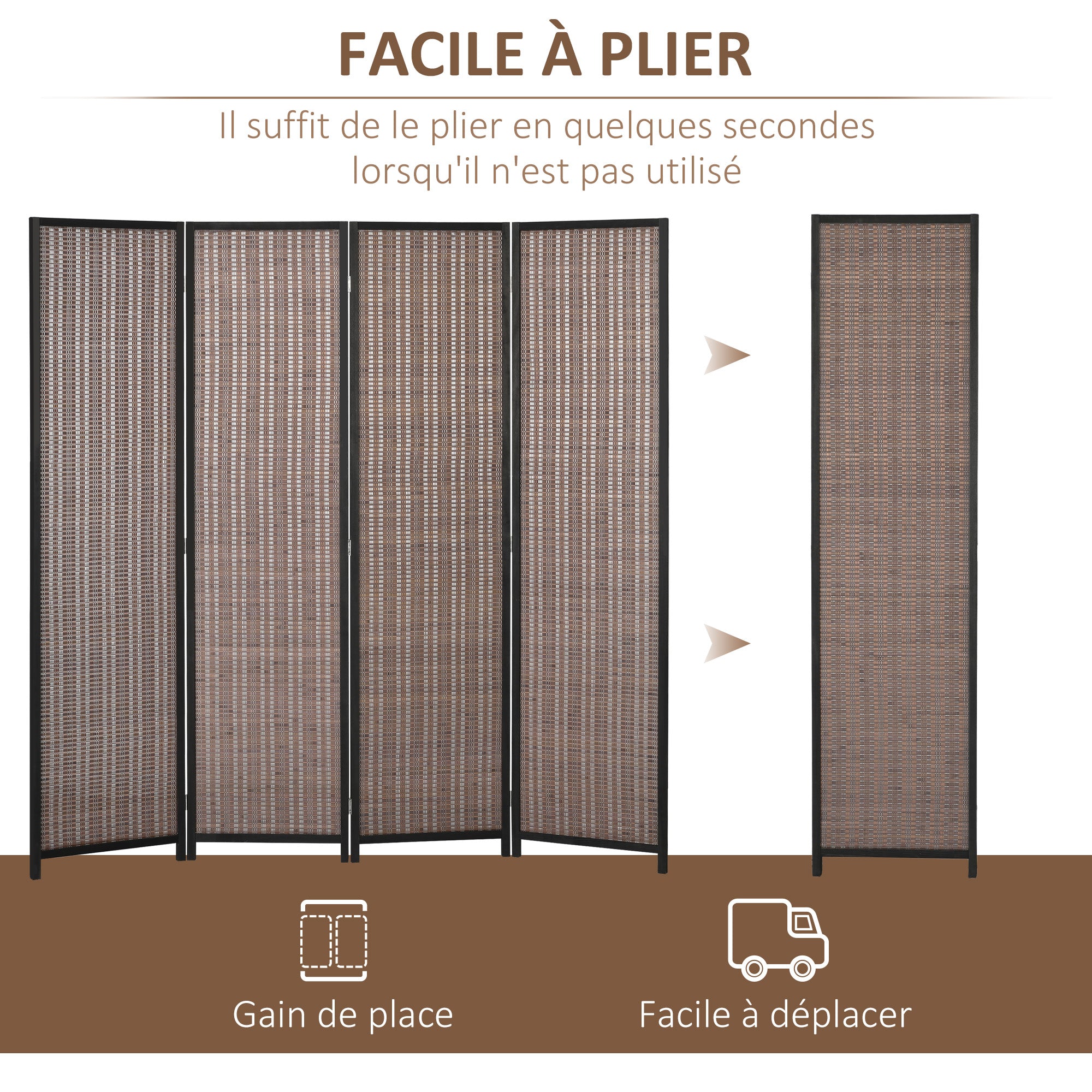 Paravent interieur en bois 4 panneaux 180 x 180 cm séparateur de pièce pliable cloison de séparation pour salon chambre à coucher maison, marron