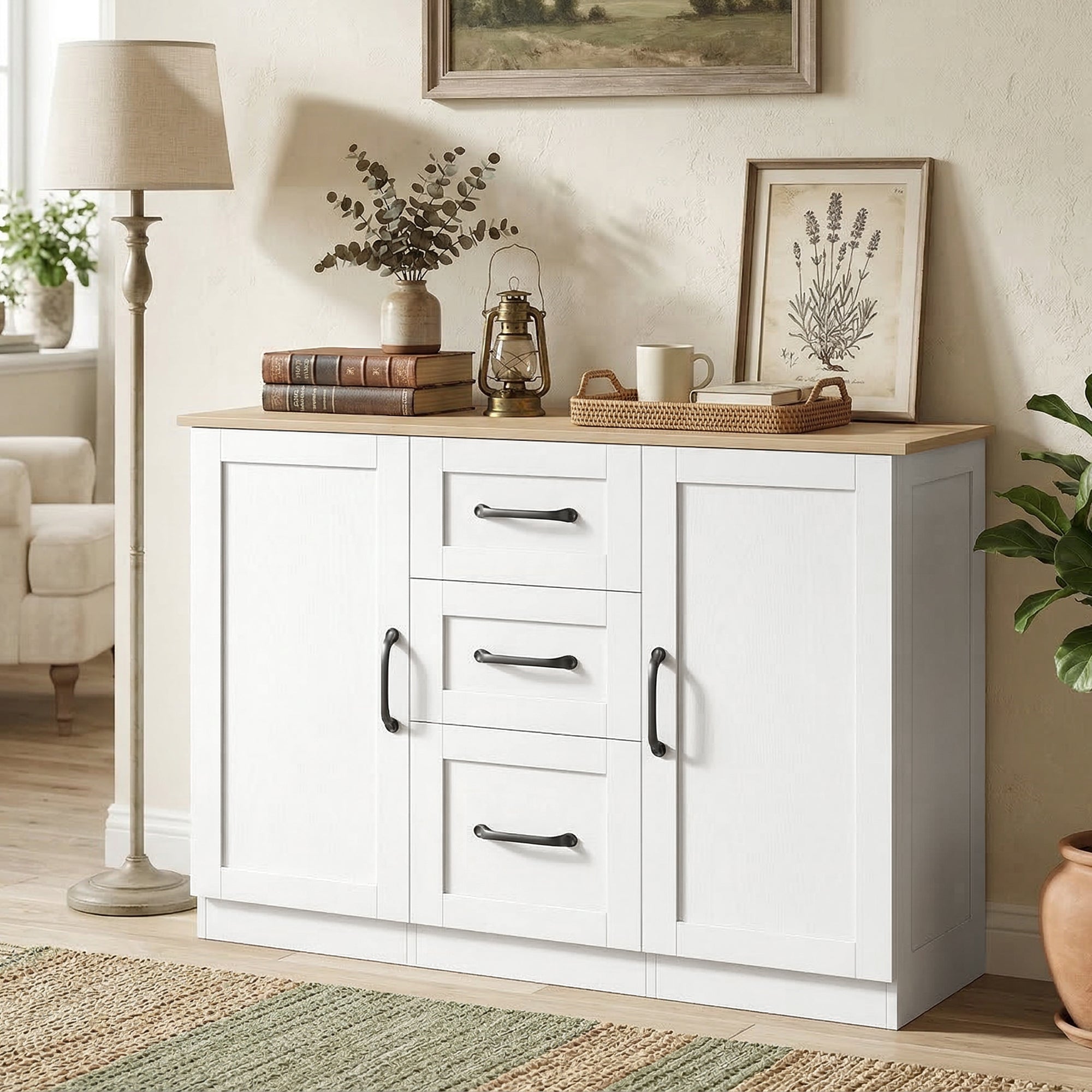 Buffet salon, meuble de rangement avec 2 portes à fermeture douce et 3 tiroirs, style moderne, buffet salle à manger et cuisine, 110 x 35 x 80,4 cm, blanc et bois naturel