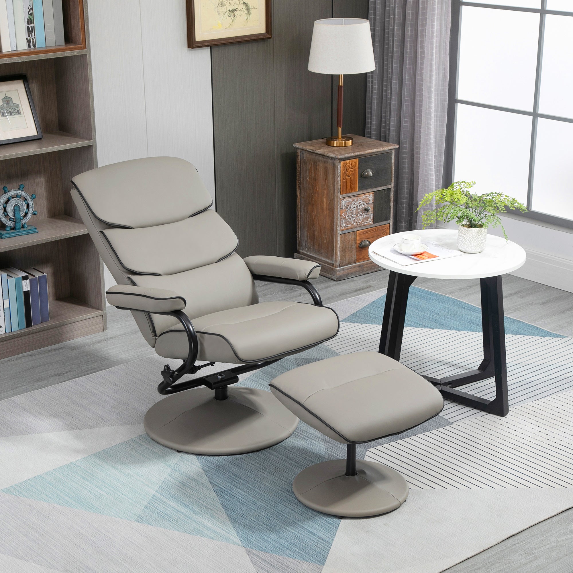 Fauteuil relax avec pouf, fauteuil TV avec dossier inclinable, siège pivotant à 360°, assise rembourrée confortable, jusqu'à 130 kg, pour salon, chambre, gris