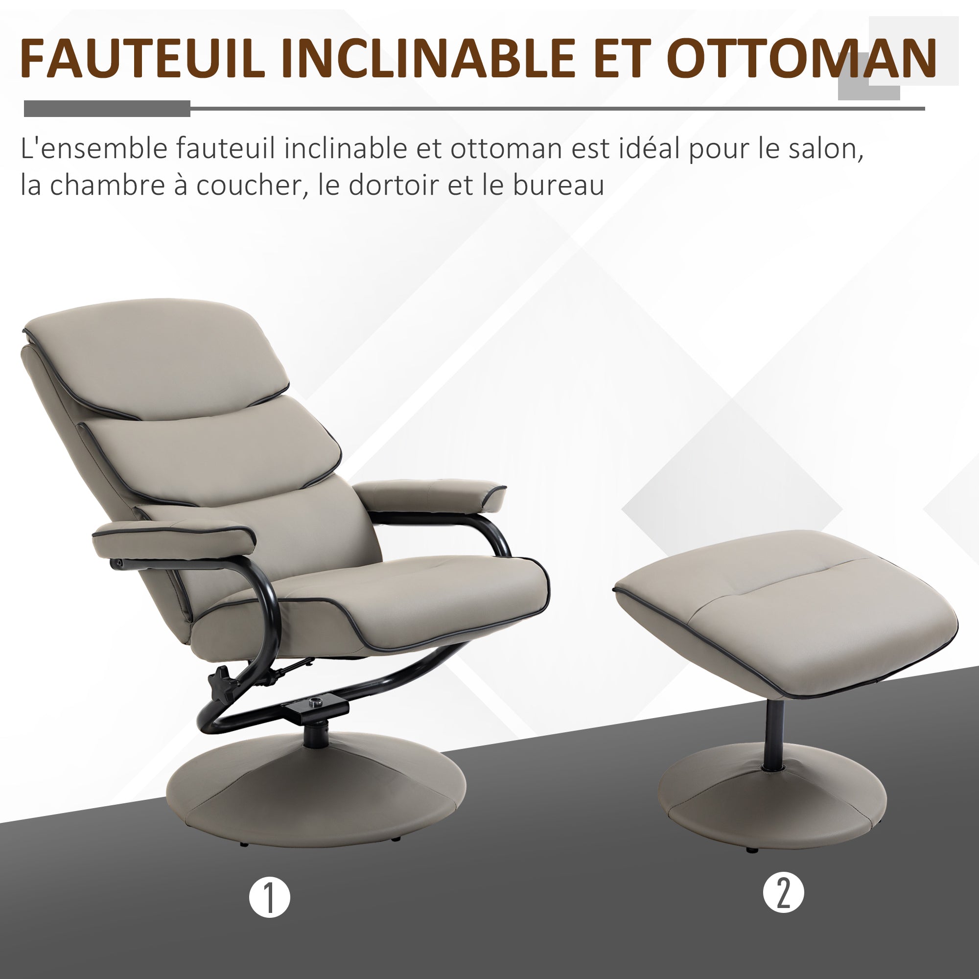 Fauteuil relax avec pouf, fauteuil TV avec dossier inclinable, siège pivotant à 360°, assise rembourrée confortable, jusqu'à 130 kg, pour salon, chambre, gris