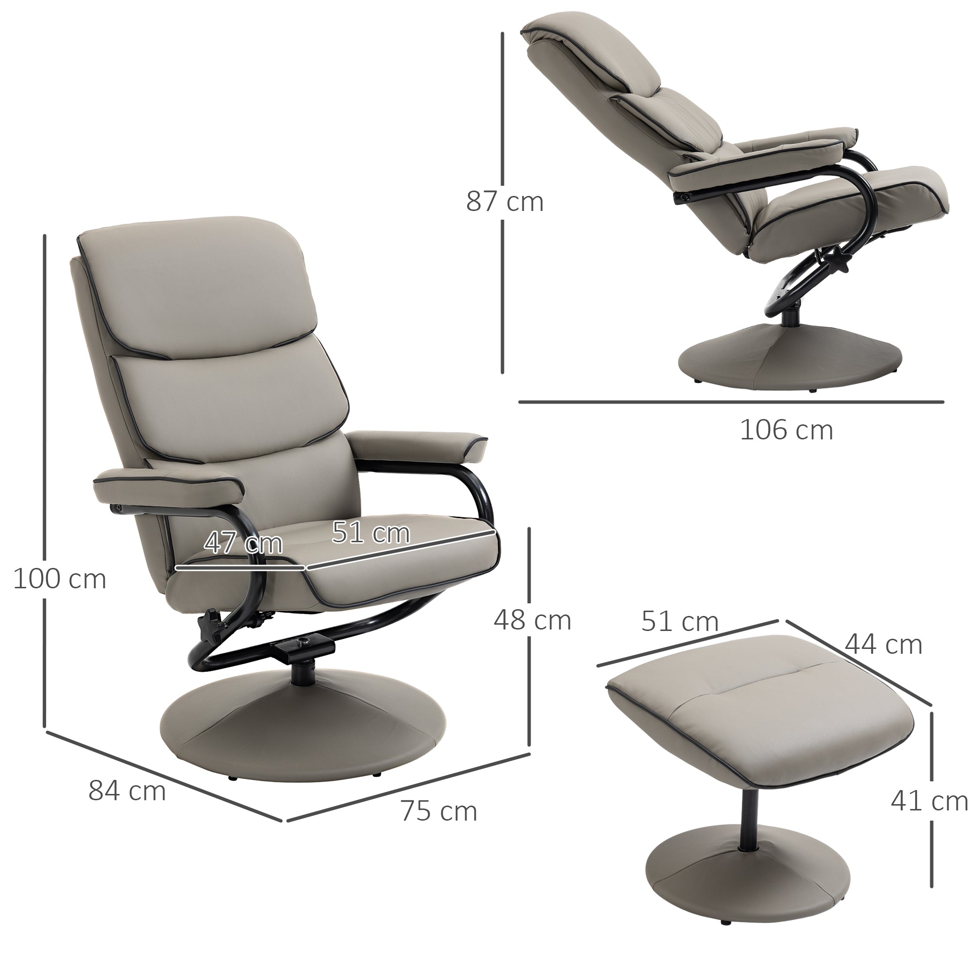 Fauteuil relax avec pouf, fauteuil TV avec dossier inclinable, siège pivotant à 360°, assise rembourrée confortable, jusqu'à 130 kg, pour salon, chambre, gris