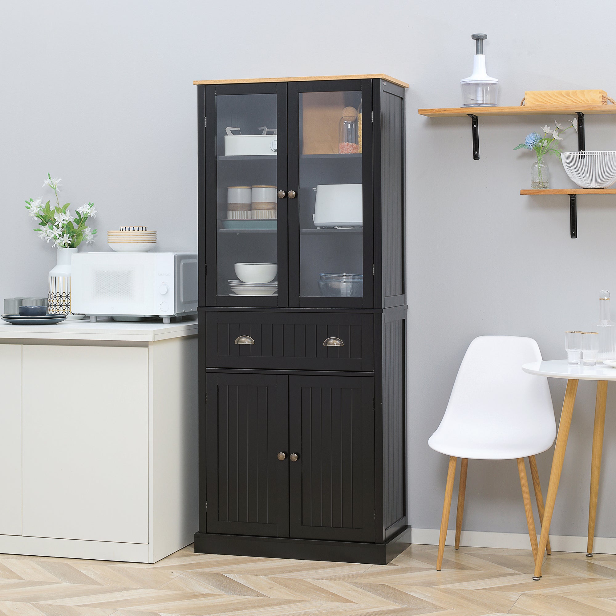 Buffet meuble cuisine rangement armoire de cuisine 4 portes dont 2 portes vitrées et 1 tiroir hauteur 182,5 cm avec étagères réglables - noir