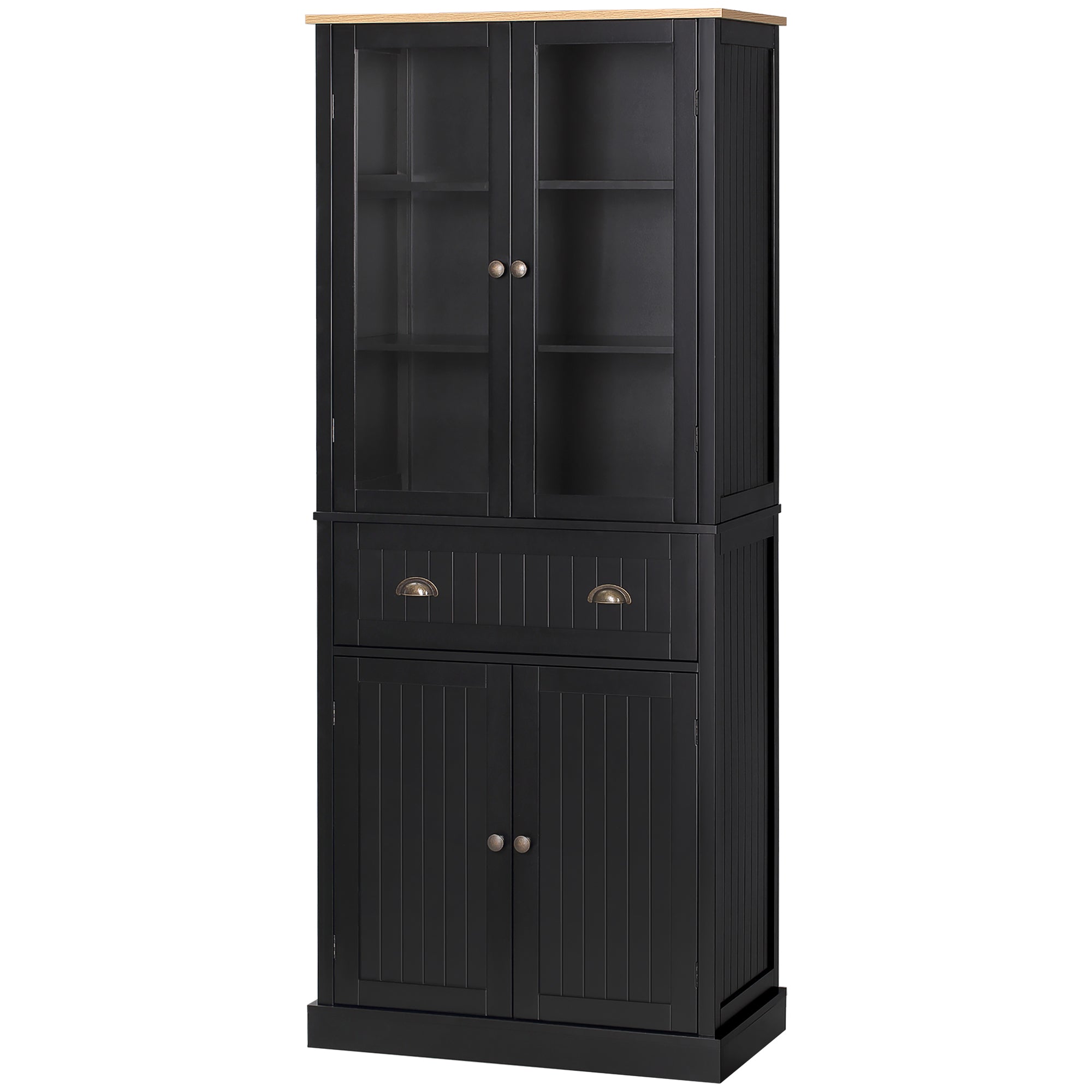 Buffet meuble cuisine rangement armoire de cuisine 4 portes dont 2 portes vitrées et 1 tiroir hauteur 182,5 cm avec étagères réglables - noir