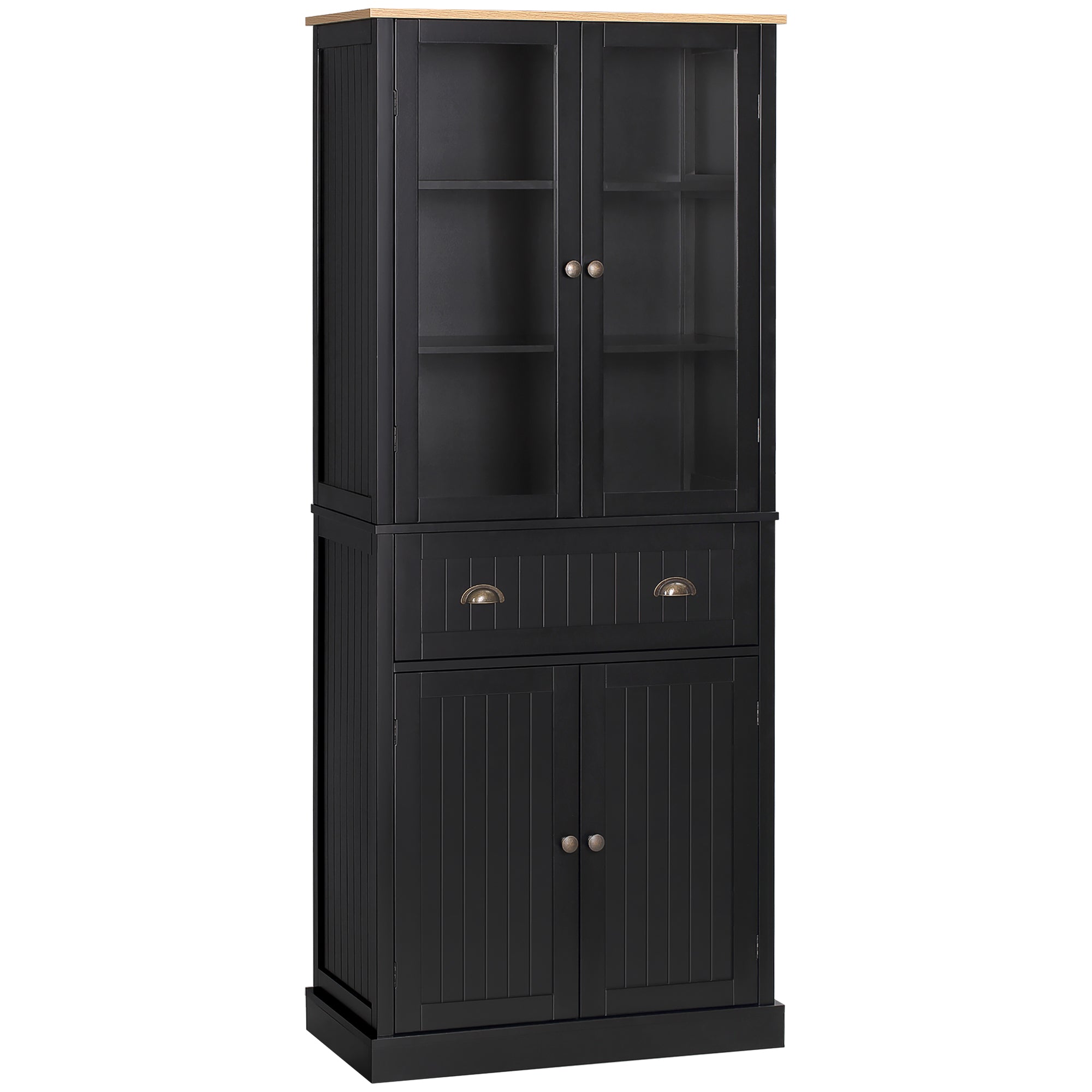 Buffet meuble cuisine rangement armoire de cuisine 4 portes dont 2 portes vitrées et 1 tiroir hauteur 182,5 cm avec étagères réglables - noir