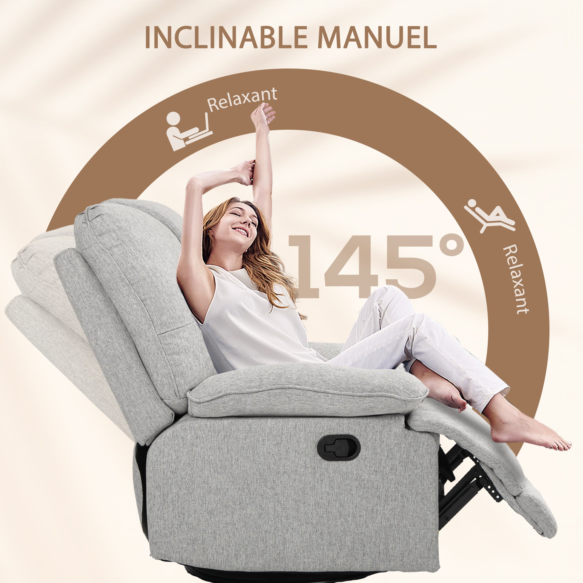 Fauteuil de relaxation fauteuil relax de salon inclinable manuellement 145° avec repose-pied en tissu aspect lin design moderne gris clair