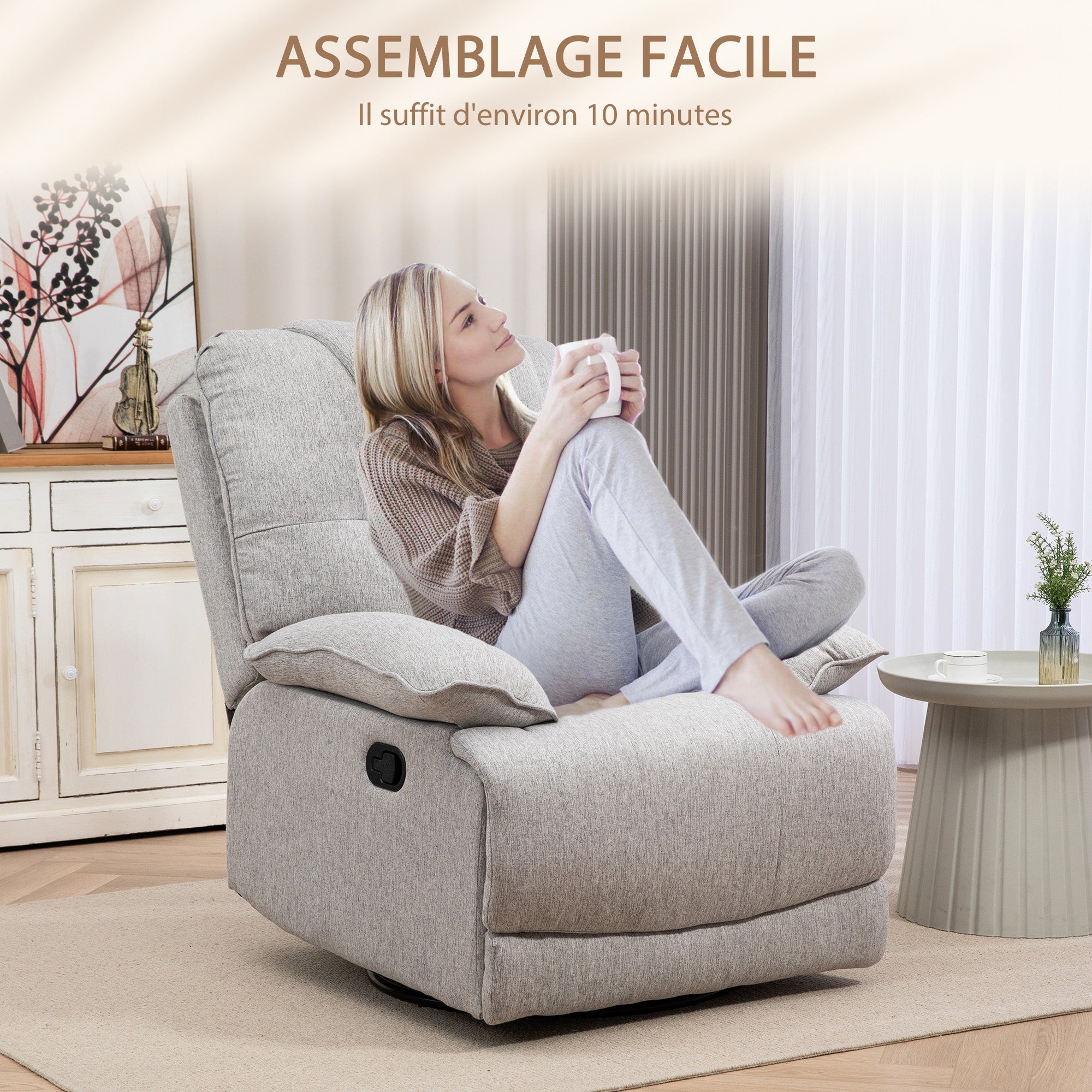 Fauteuil de relaxation fauteuil relax de salon inclinable manuellement 145° avec repose-pied en tissu aspect lin design moderne gris clair