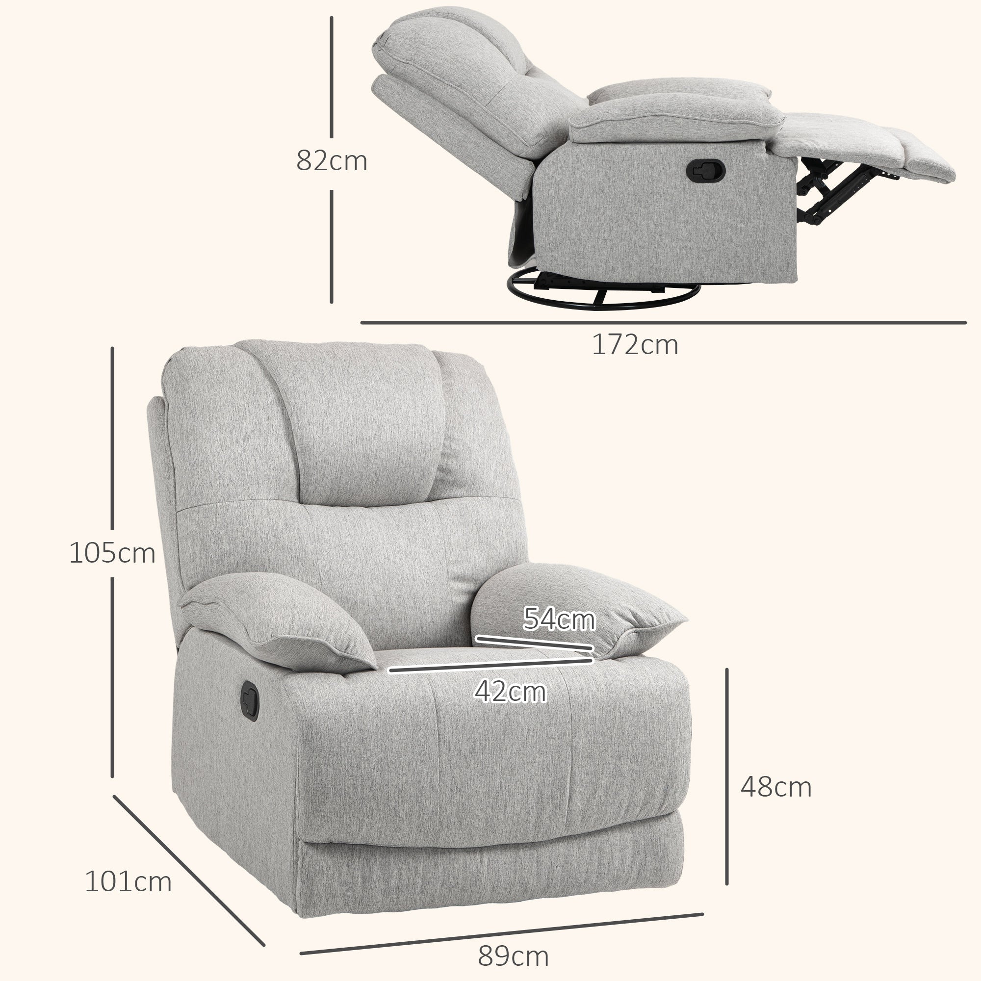 Fauteuil de relaxation fauteuil relax de salon inclinable manuellement 145° avec repose-pied en tissu aspect lin design moderne gris clair