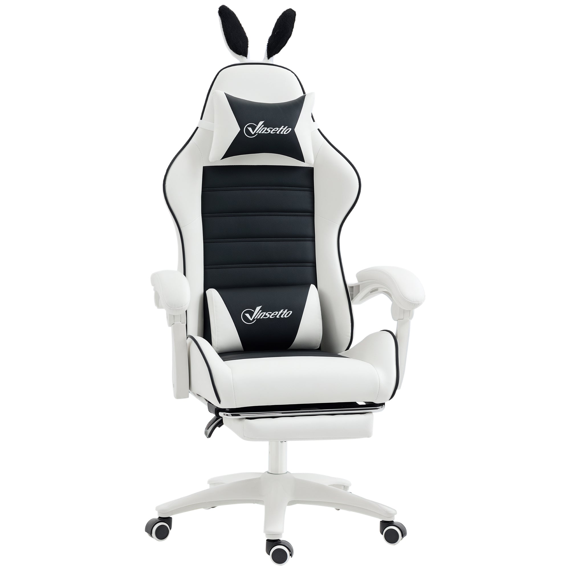 Chaise gaming fauteuil gamer fauteuil de bureau ergonomique avec support lombaire, hauteur réglable, dossier inclinable, repose-pieds, oreilles de lapin et appui-tête, noir