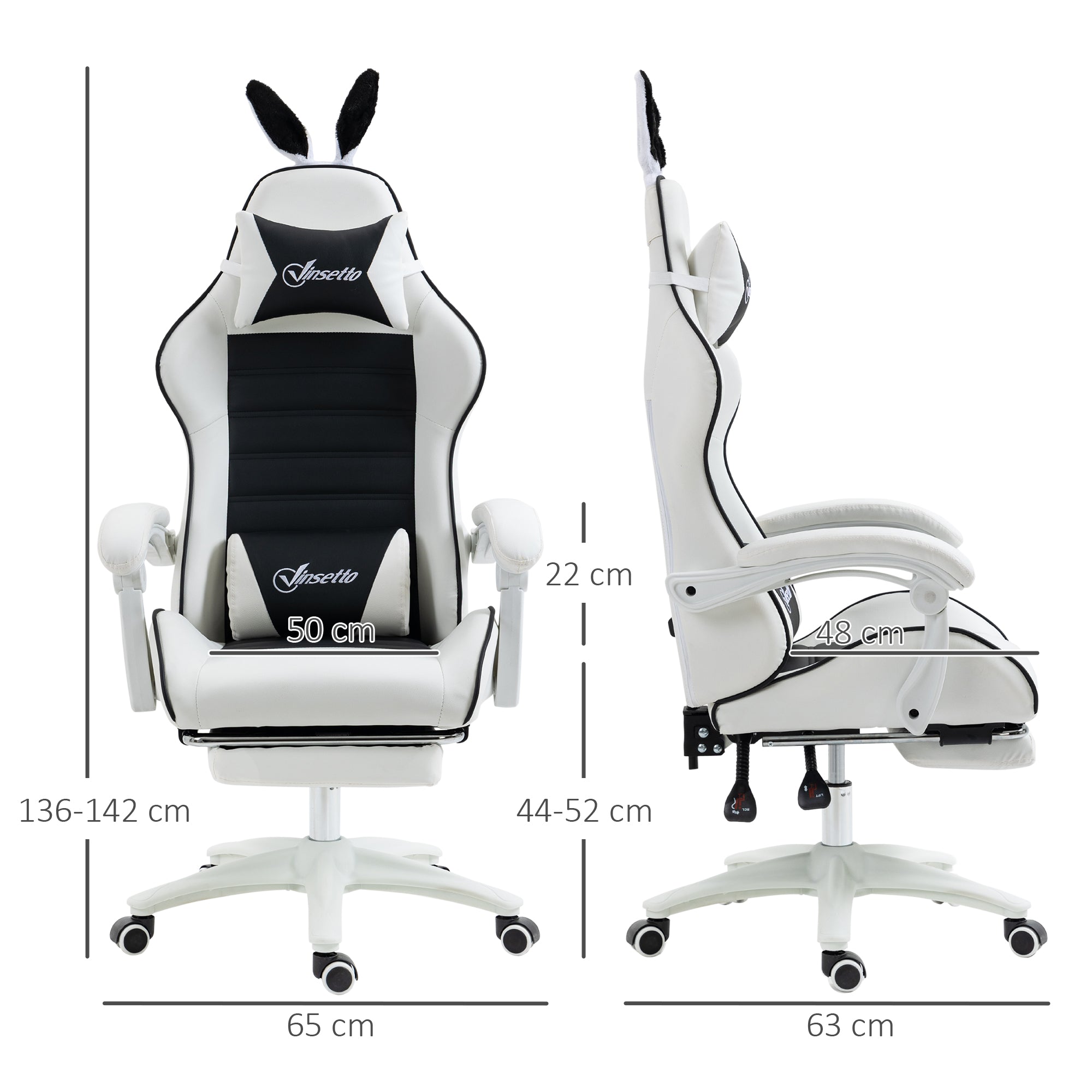 Chaise gaming fauteuil gamer fauteuil de bureau ergonomique avec support lombaire, hauteur réglable, dossier inclinable, repose-pieds, oreilles de lapin et appui-tête, noir