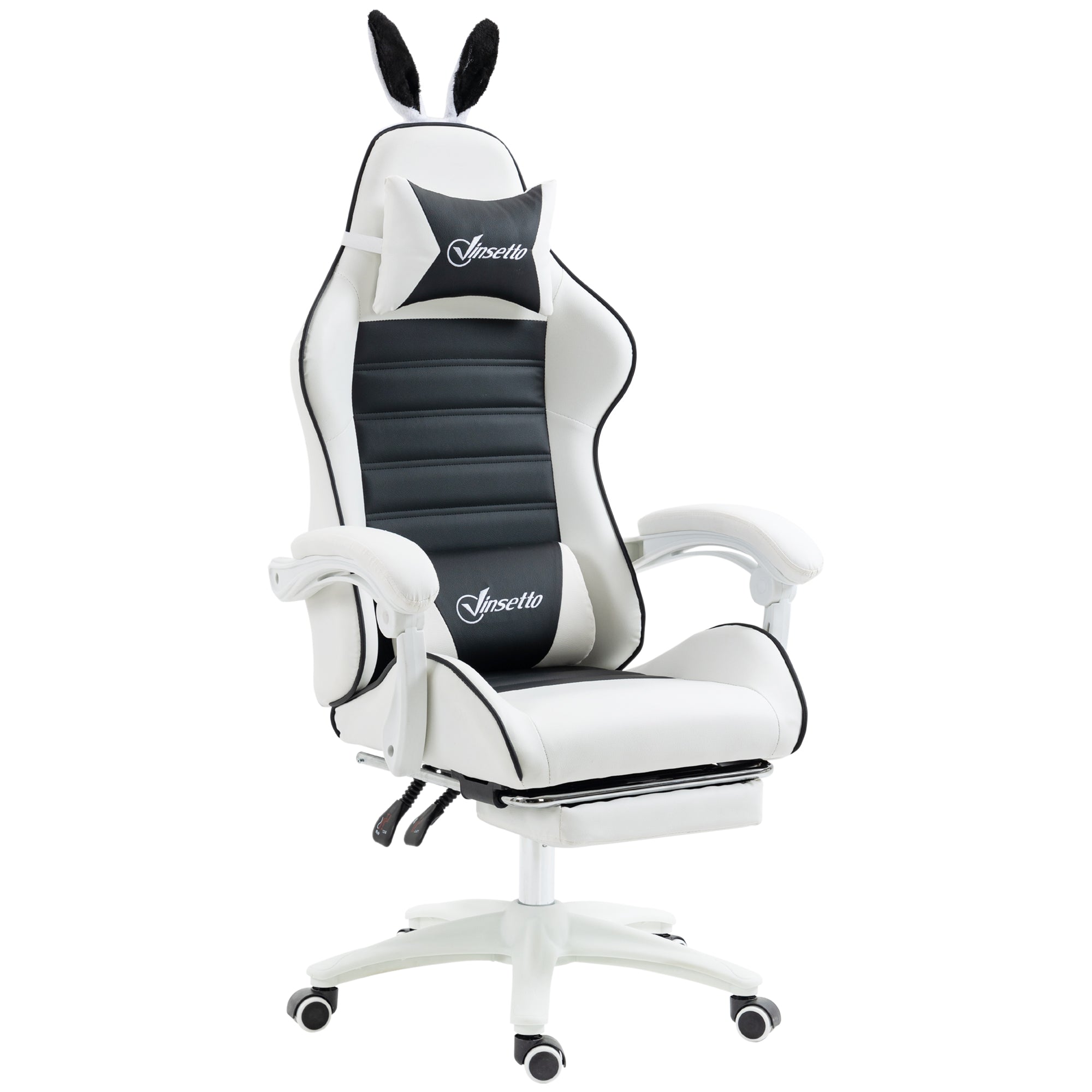 Chaise gaming fauteuil gamer fauteuil de bureau ergonomique avec support lombaire, hauteur réglable, dossier inclinable, repose-pieds, oreilles de lapin et appui-tête, noir