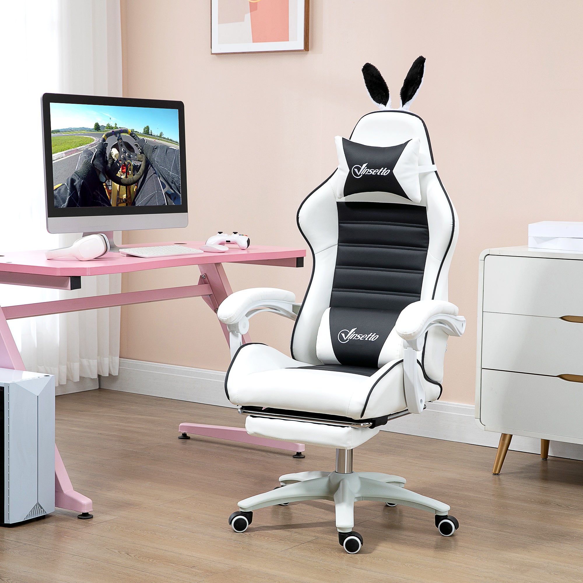 Chaise gaming fauteuil gamer fauteuil de bureau ergonomique avec support lombaire, hauteur réglable, dossier inclinable, repose-pieds, oreilles de lapin et appui-tête, noir
