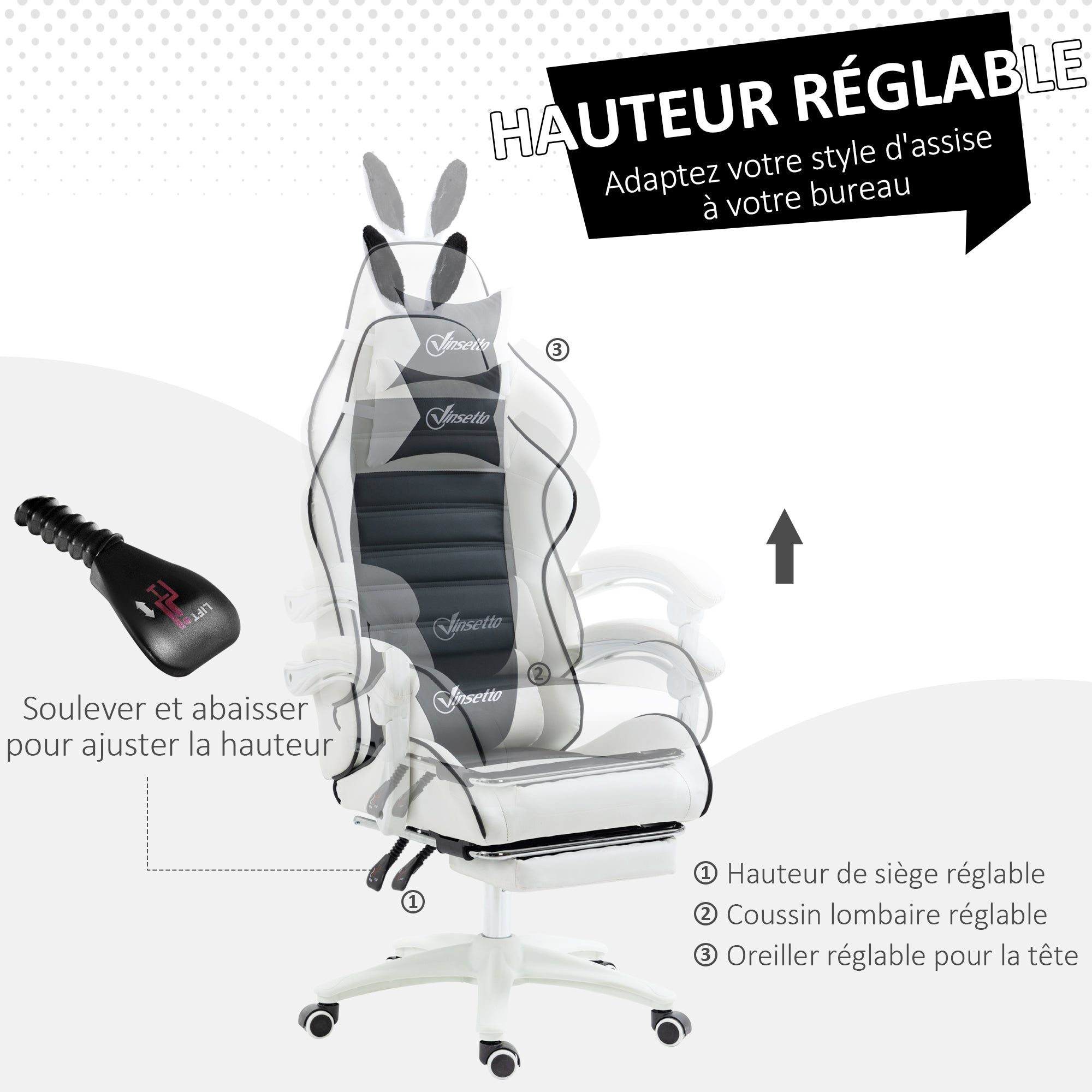 Chaise gaming fauteuil gamer fauteuil de bureau ergonomique avec support lombaire, hauteur réglable, dossier inclinable, repose-pieds, oreilles de lapin et appui-tête, noir