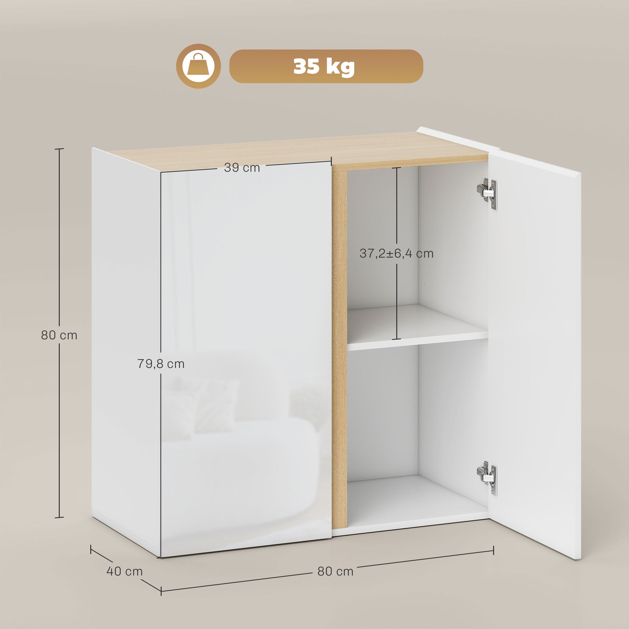 Buffet à haute brillance, meuble de rangement avec 2 portes à fermeture amortie et étagère réglable, style moderne, buffet salle à manger, cuisine et salon, 80 x 40 x 80 cm, blanc