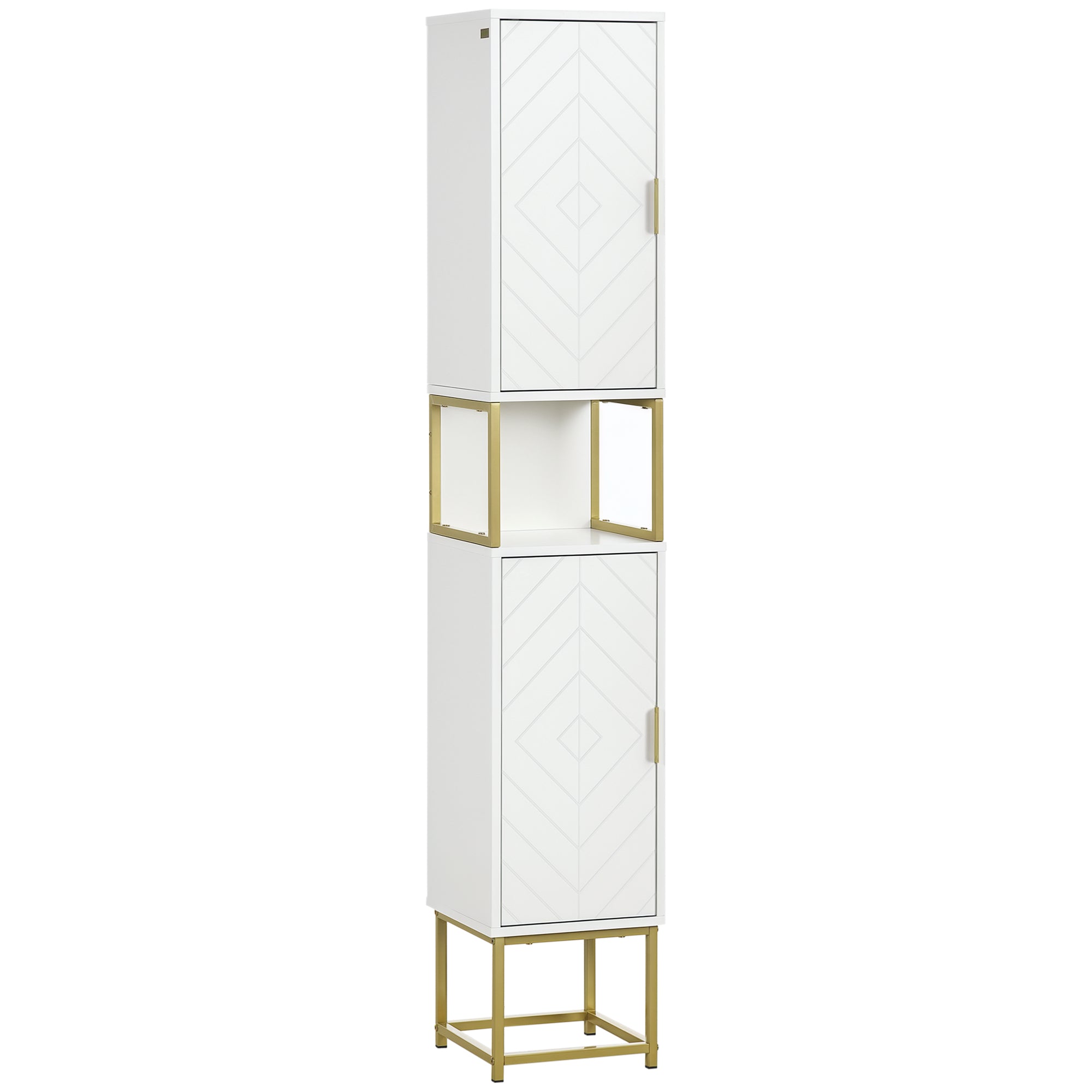 Meuble colonne rangement salle de bain avec niche et 2 placards étagère réglable pieds en acier doré dim. 30L x 30l x 170,7H cm blanc