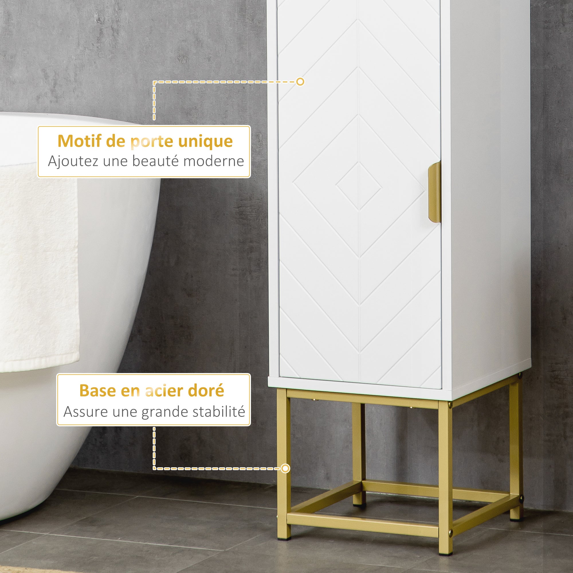 Meuble colonne rangement salle de bain avec niche et 2 placards étagère réglable pieds en acier doré dim. 30L x 30l x 170,7H cm blanc
