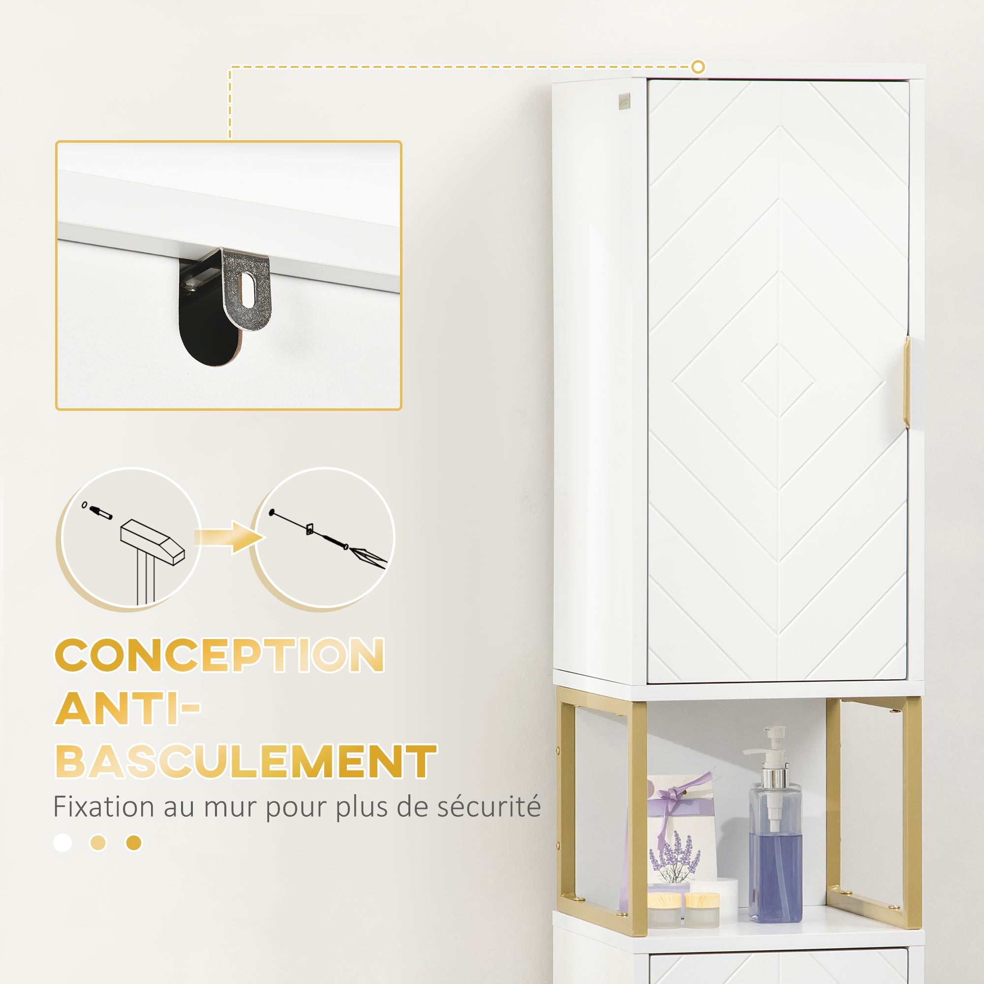 Meuble colonne rangement salle de bain avec niche et 2 placards étagère réglable pieds en acier doré dim. 30L x 30l x 170,7H cm blanc