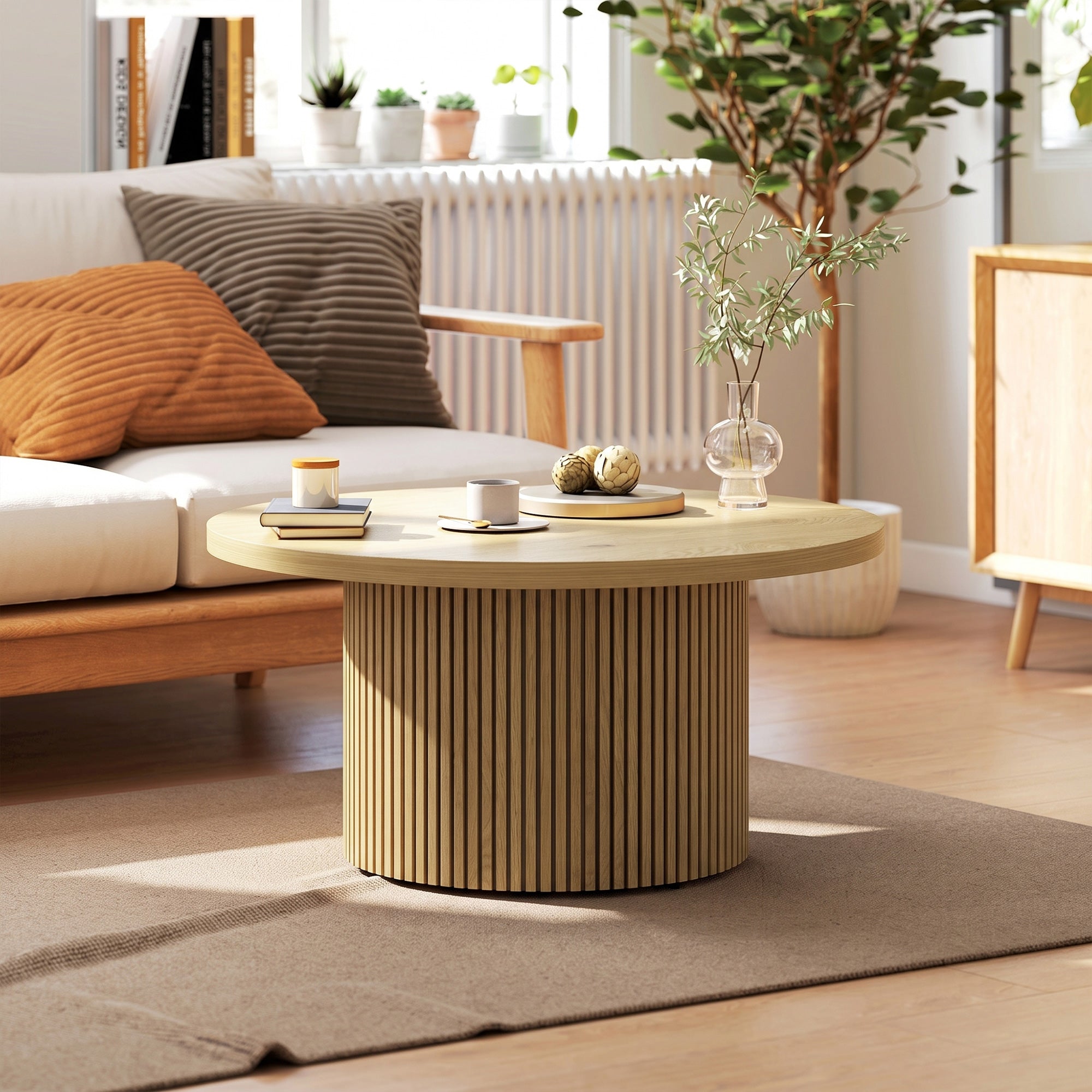 Table basse ronde en bois, table de salon avec piètement cannelé, style moderne, pour chambre, séjour et bureau, 80 x 80 x 45 cm, effet bois naturel