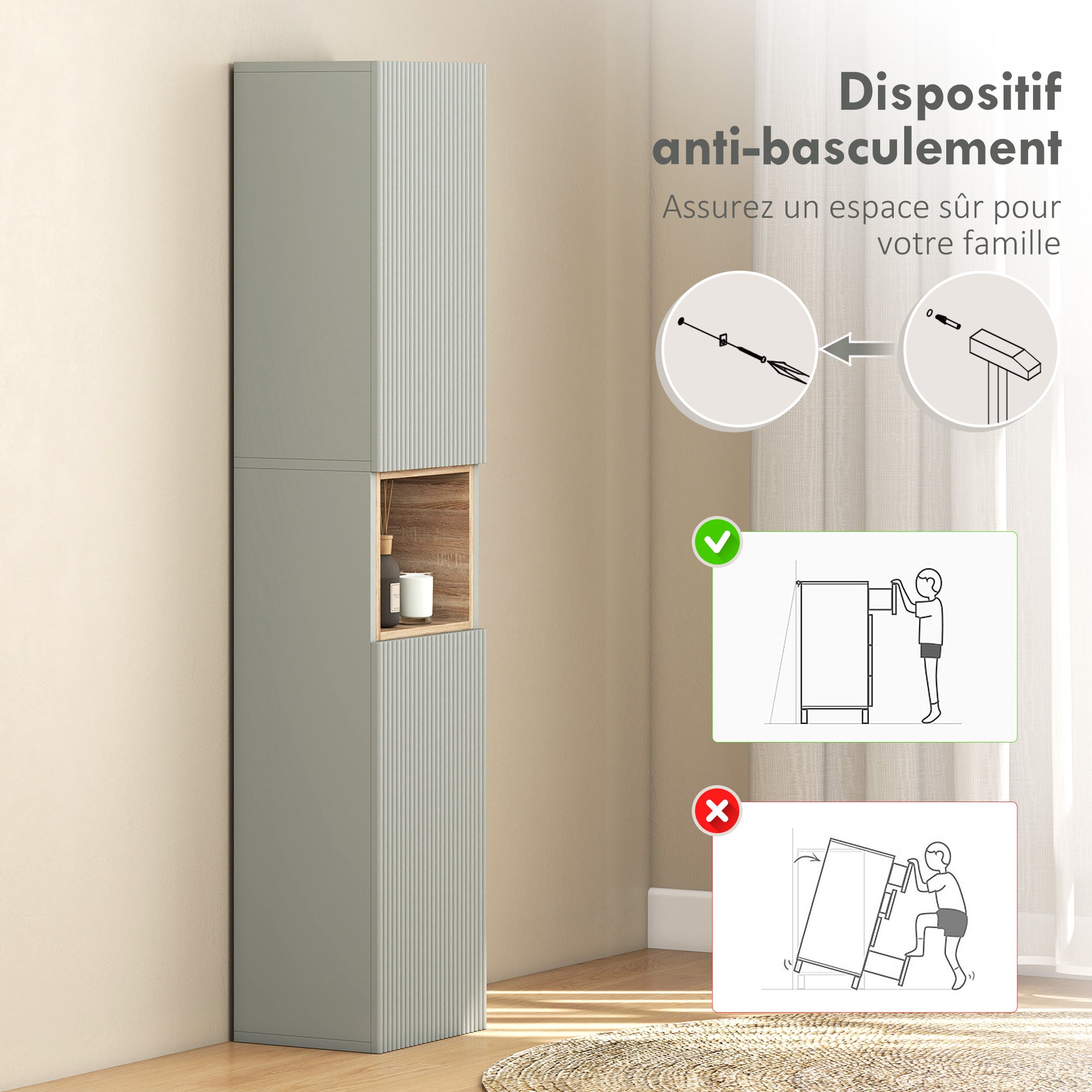 Meuble colonne salle de bain, meuble de rangement étroit avec 2 portes, compartiment ouvert et étagères réglables, pour toilette, petits espaces, 30 x 24 x 140 cm, vert