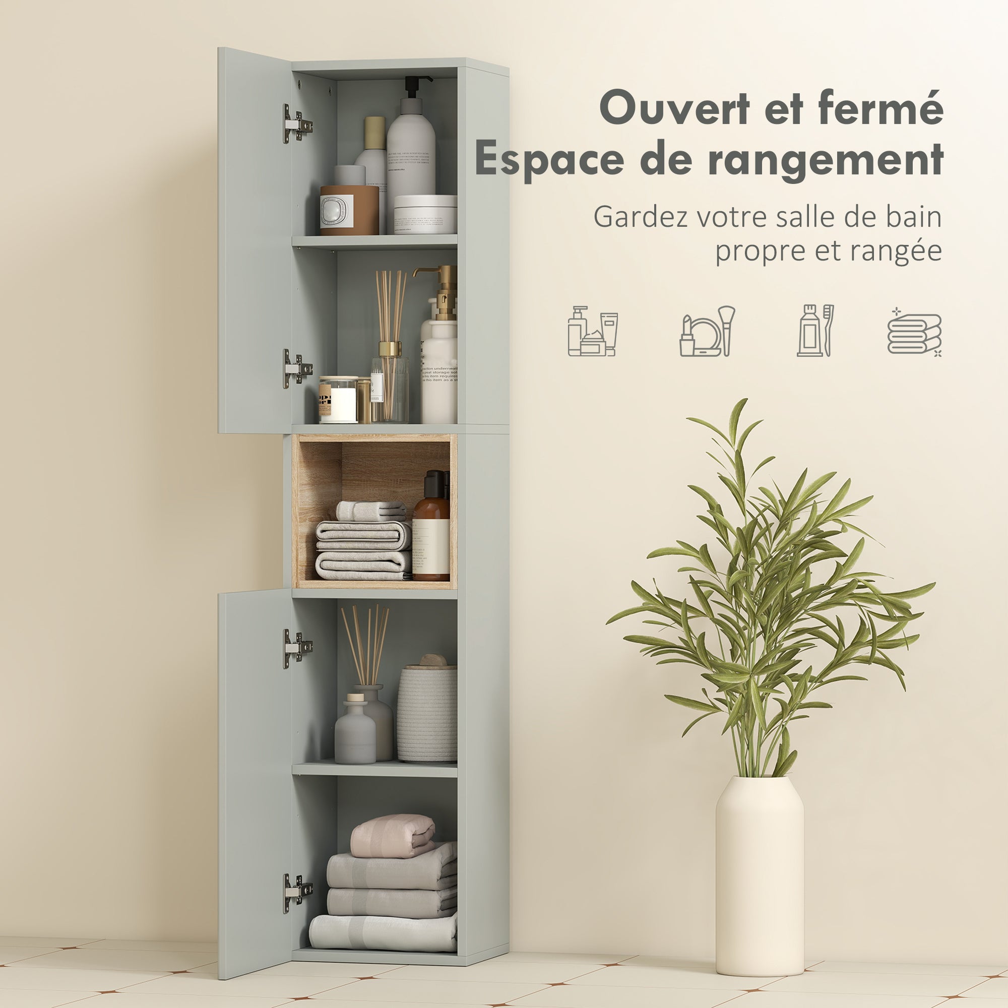 Meuble colonne salle de bain, meuble de rangement étroit avec 2 portes, compartiment ouvert et étagères réglables, pour toilette, petits espaces, 30 x 24 x 140 cm, vert