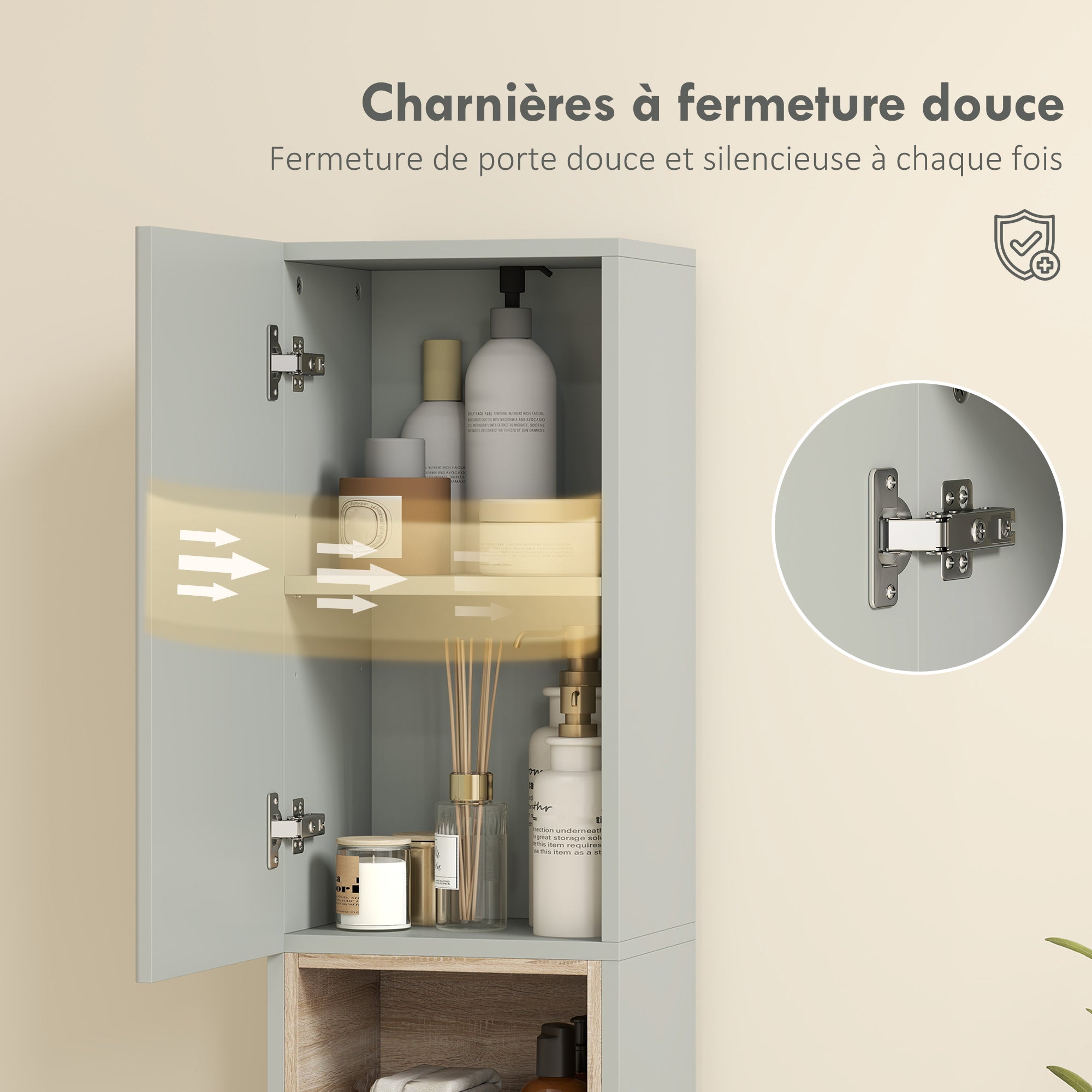 Meuble colonne salle de bain, meuble de rangement étroit avec 2 portes, compartiment ouvert et étagères réglables, pour toilette, petits espaces, 30 x 24 x 140 cm, vert