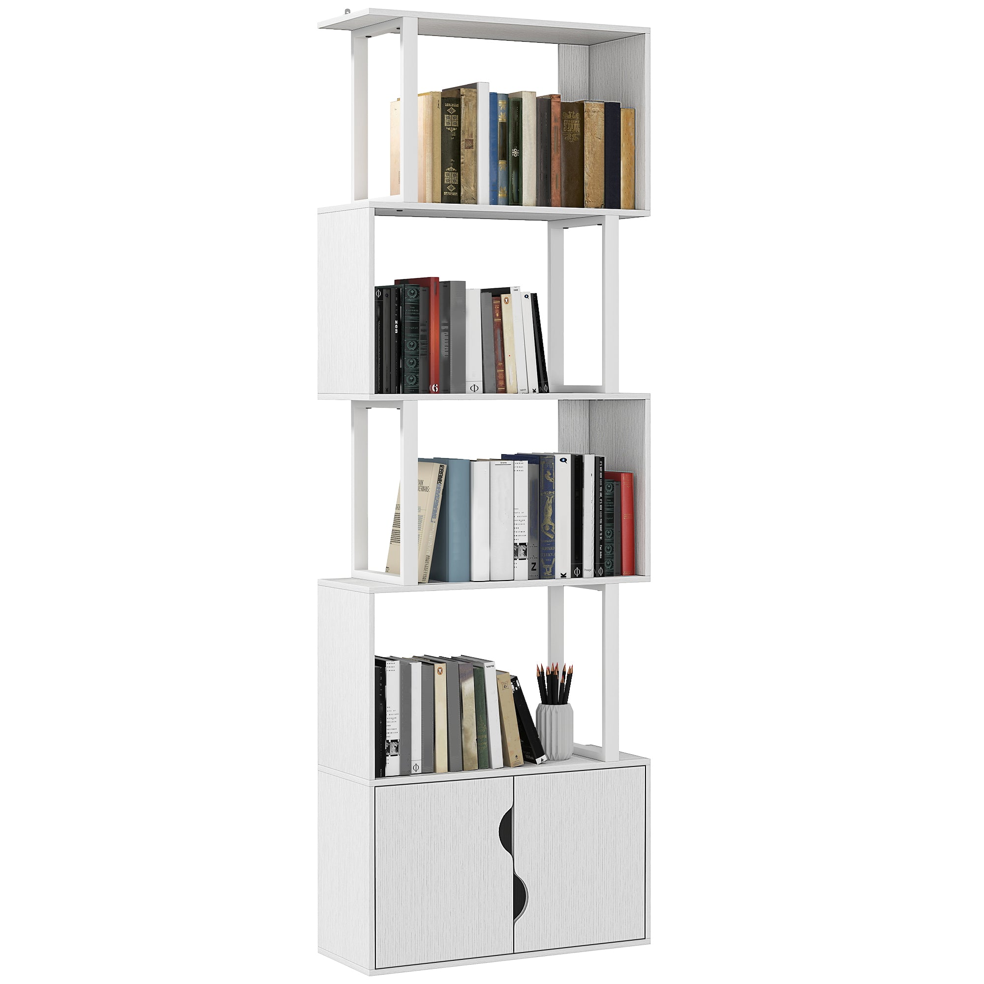 Bibliothèque à 5 niveaux, meuble de rangement en forme de S avec étagères et placard double porte, étagère de rangement pour salon, chambre bureau, 60 x 23,8 x 179,2 cm, blanc