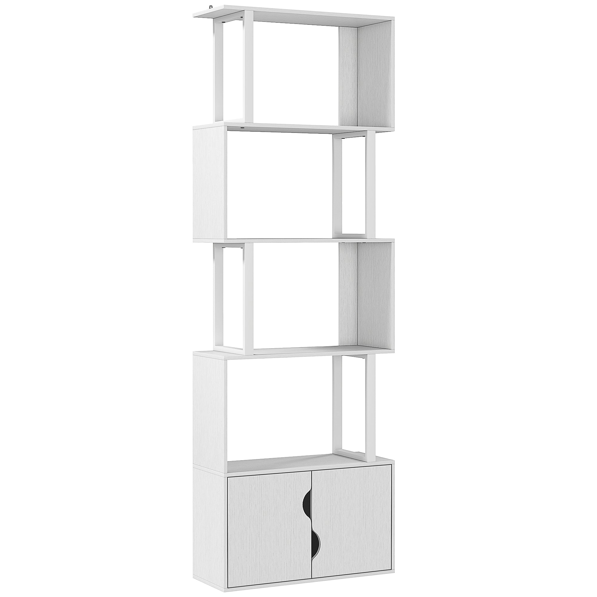 Bibliothèque à 5 niveaux, meuble de rangement en forme de S avec étagères et placard double porte, étagère de rangement pour salon, chambre bureau, 60 x 23,8 x 179,2 cm, blanc