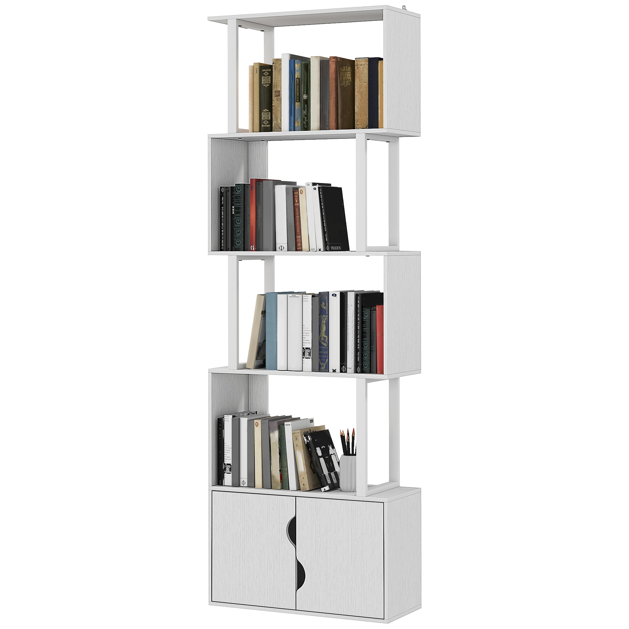 Bibliothèque à 5 niveaux, meuble de rangement en forme de S avec étagères et placard double porte, étagère de rangement pour salon, chambre bureau, 60 x 23,8 x 179,2 cm, blanc
