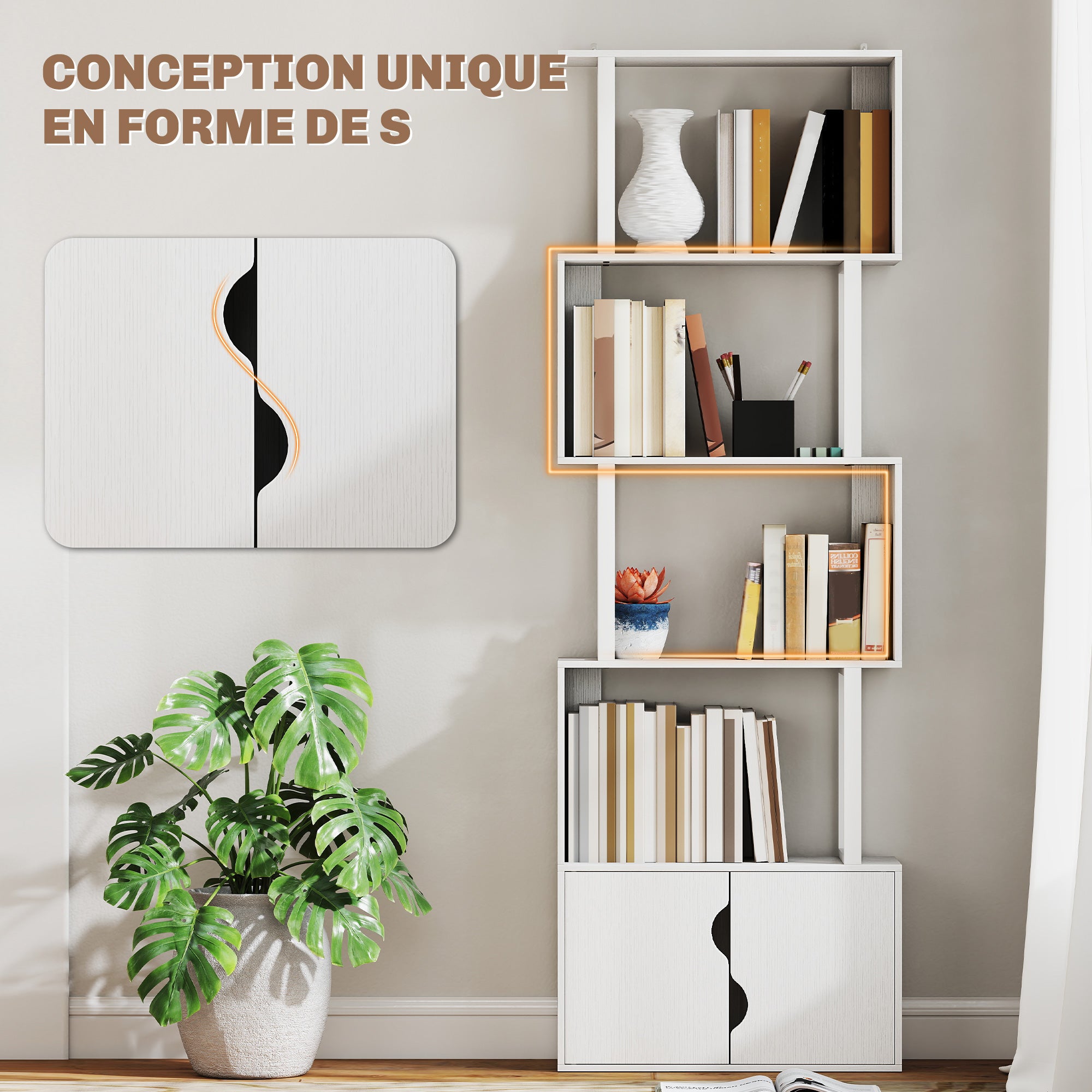 Bibliothèque à 5 niveaux, meuble de rangement en forme de S avec étagères et placard double porte, étagère de rangement pour salon, chambre bureau, 60 x 23,8 x 179,2 cm, blanc