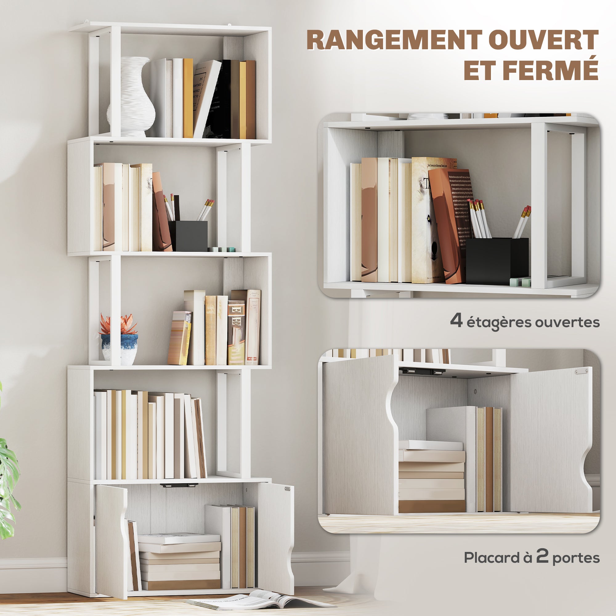 Bibliothèque à 5 niveaux, meuble de rangement en forme de S avec étagères et placard double porte, étagère de rangement pour salon, chambre bureau, 60 x 23,8 x 179,2 cm, blanc