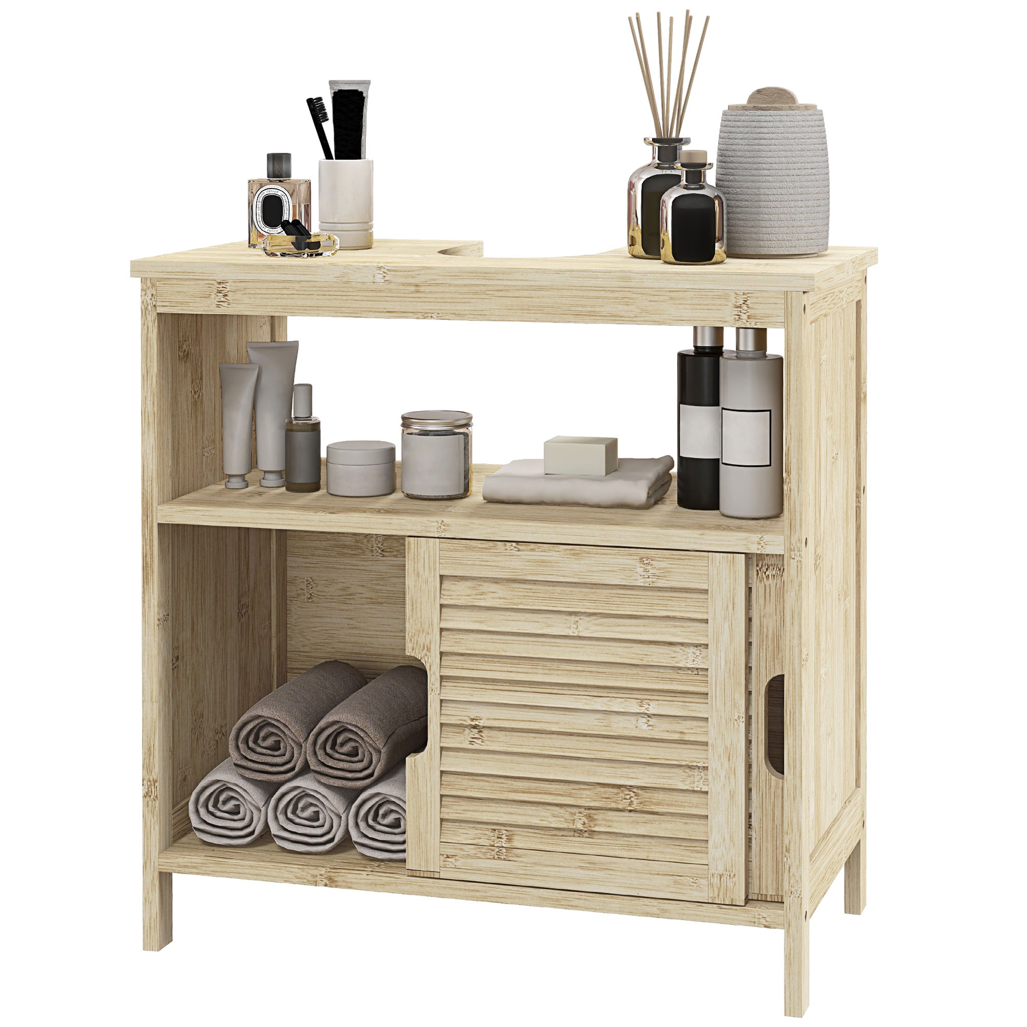 Meuble sous lavabo en Bambou, Meuble de Rangement pour Salle de Bain avec 2 Portes coulissantes, 60 x 30 x 60 cm, Bois Naturel