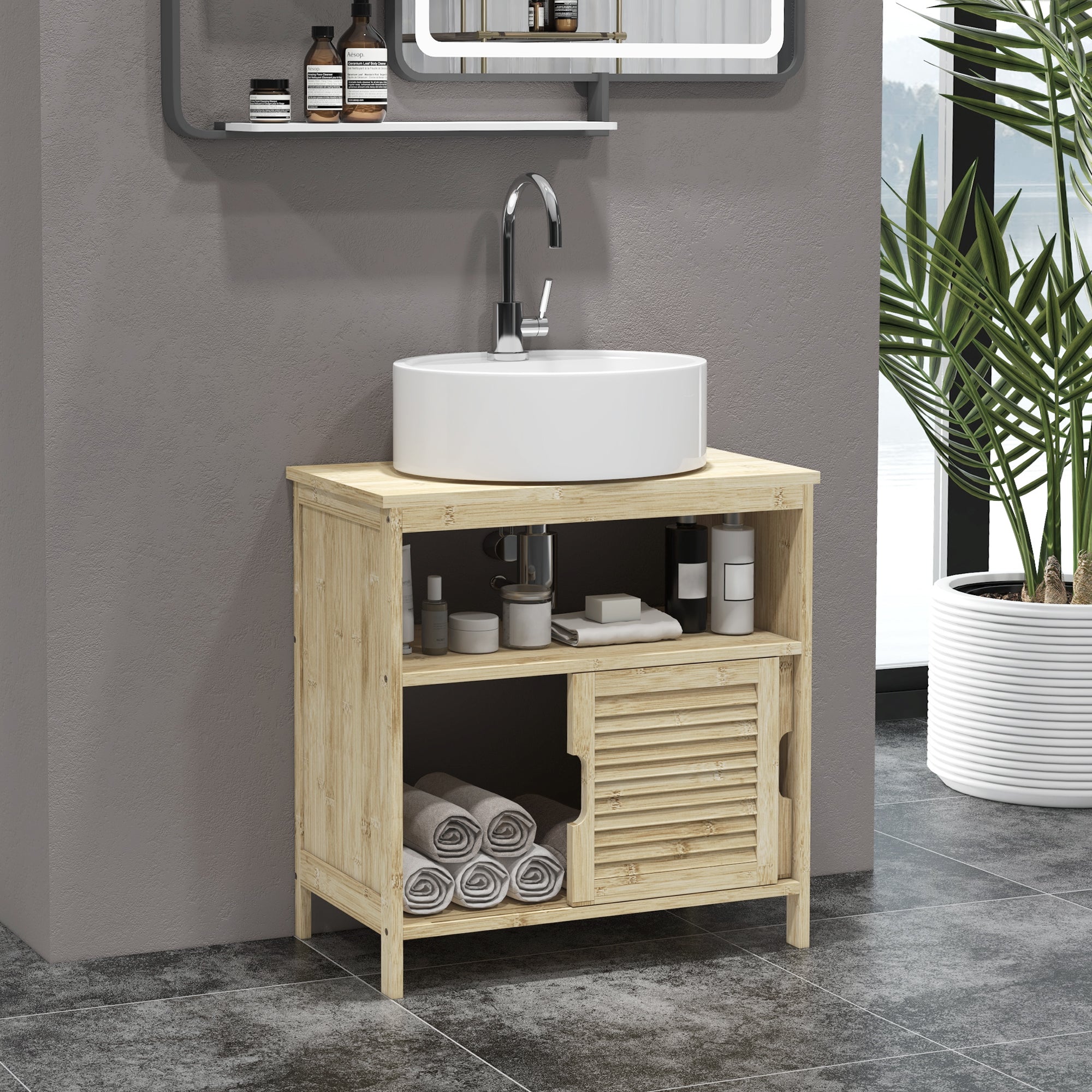 Meuble sous lavabo en Bambou, Meuble de Rangement pour Salle de Bain avec 2 Portes coulissantes, 60 x 30 x 60 cm, Bois Naturel