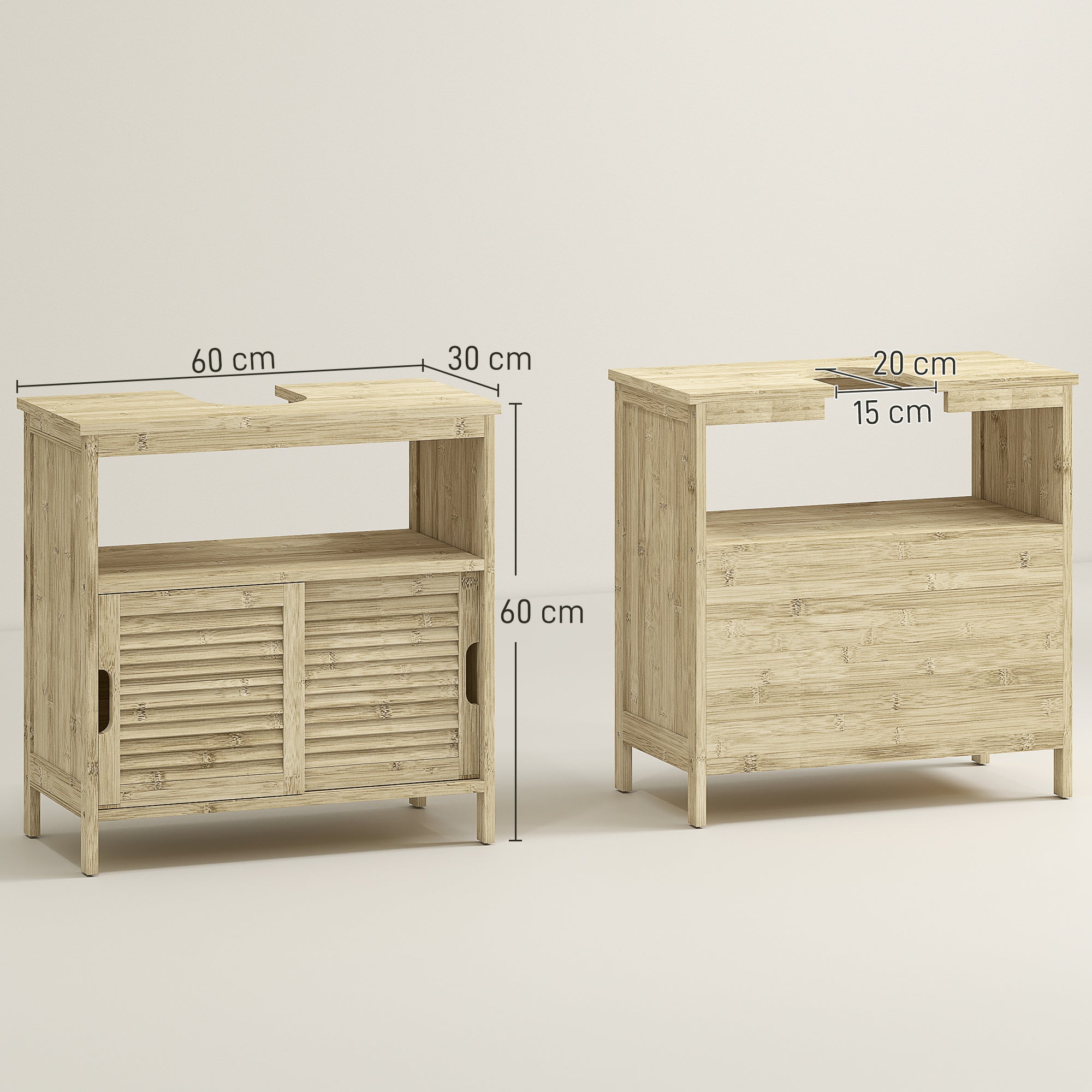 Meuble sous lavabo en Bambou, Meuble de Rangement pour Salle de Bain avec 2 Portes coulissantes, 60 x 30 x 60 cm, Bois Naturel