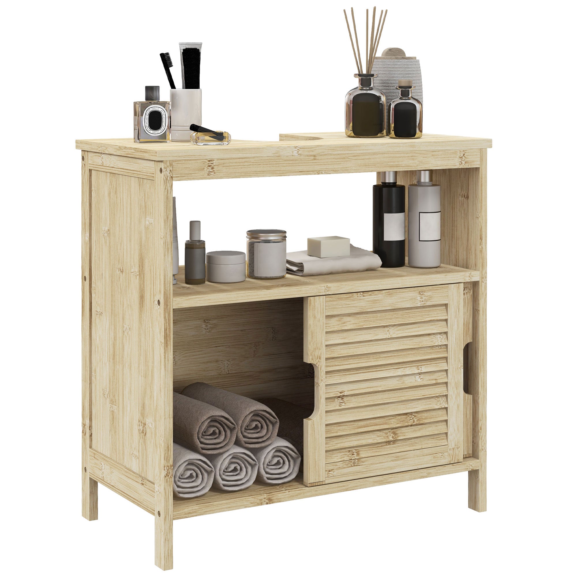 Meuble sous lavabo en Bambou, Meuble de Rangement pour Salle de Bain avec 2 Portes coulissantes, 60 x 30 x 60 cm, Bois Naturel