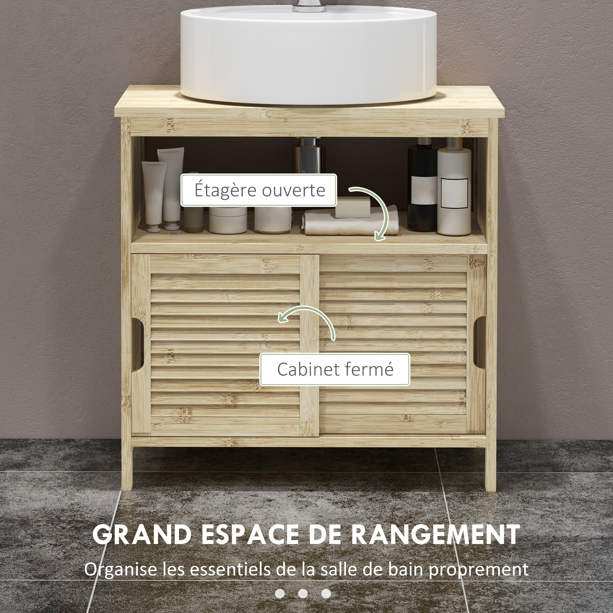 Meuble sous lavabo en Bambou, Meuble de Rangement pour Salle de Bain avec 2 Portes coulissantes, 60 x 30 x 60 cm, Bois Naturel
