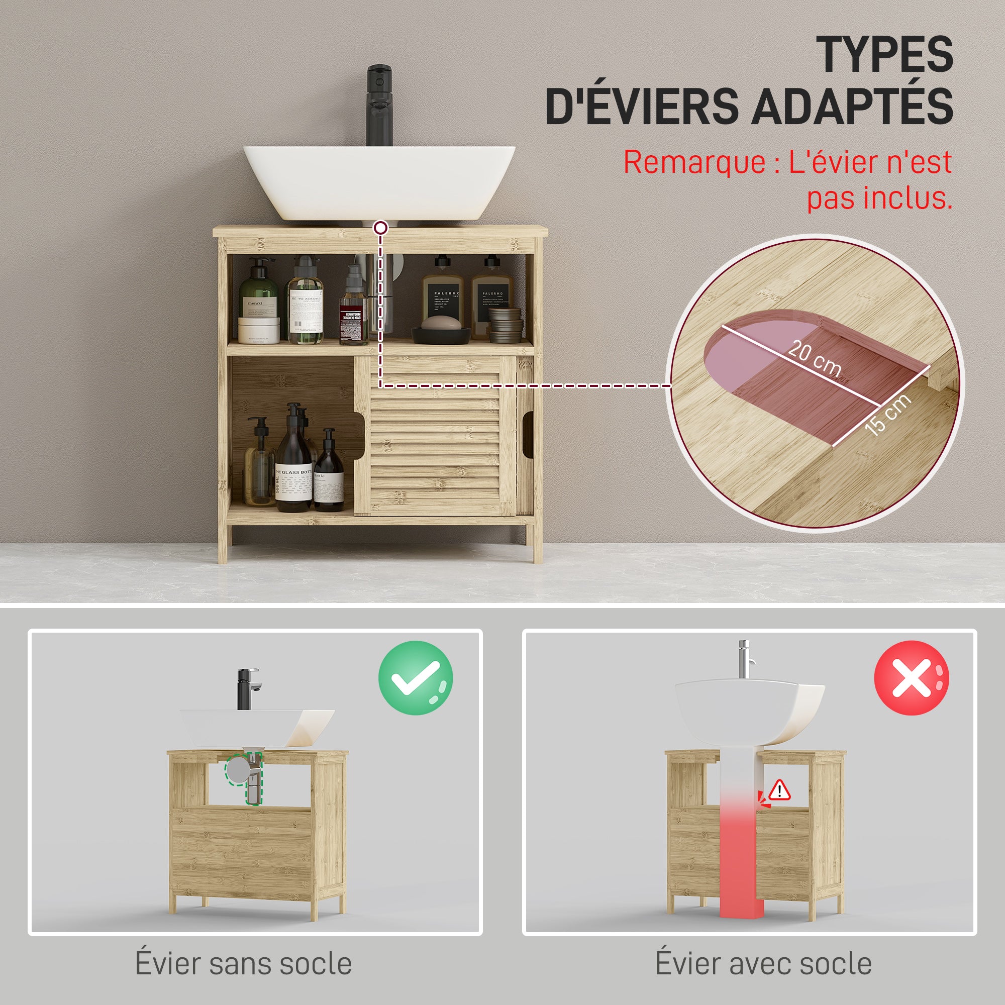 Meuble sous lavabo en Bambou, Meuble de Rangement pour Salle de Bain avec 2 Portes coulissantes, 60 x 30 x 60 cm, Bois Naturel