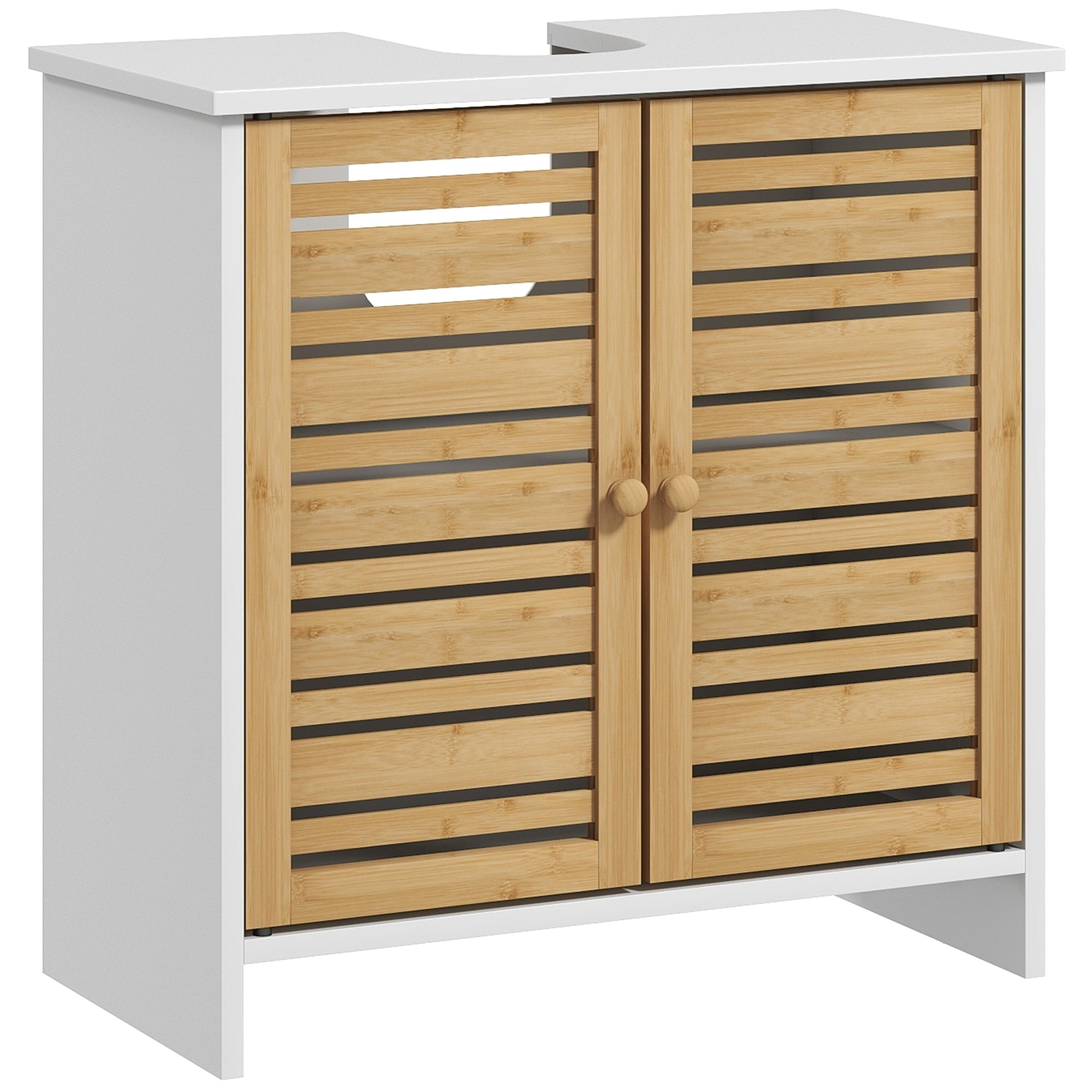Meuble sous vasque meuble de salle de bain 2 portes avec étagère réglable armoire de rangement pour lavabo 60 x 30 x 60 cm en bambou naturel et blanc