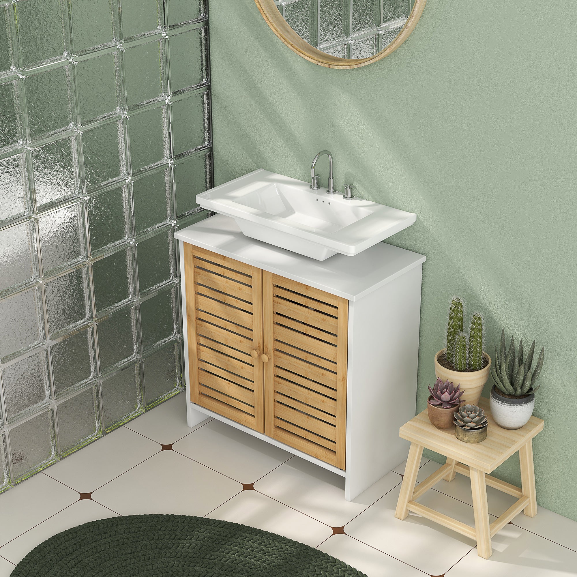 Meuble sous vasque meuble de salle de bain 2 portes avec étagère réglable armoire de rangement pour lavabo 60 x 30 x 60 cm en bambou naturel et blanc