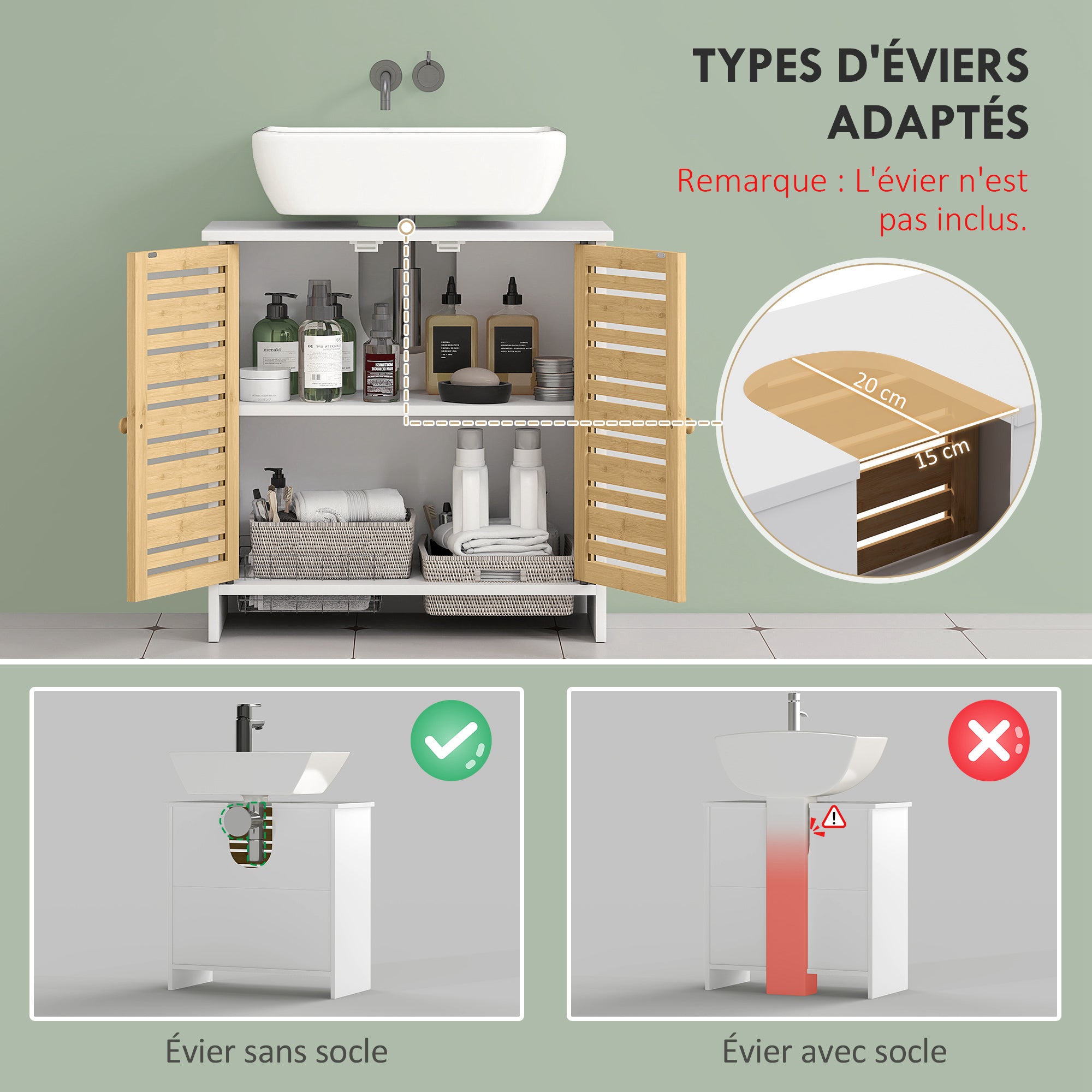 Meuble sous vasque meuble de salle de bain 2 portes avec étagère réglable armoire de rangement pour lavabo 60 x 30 x 60 cm en bambou naturel et blanc