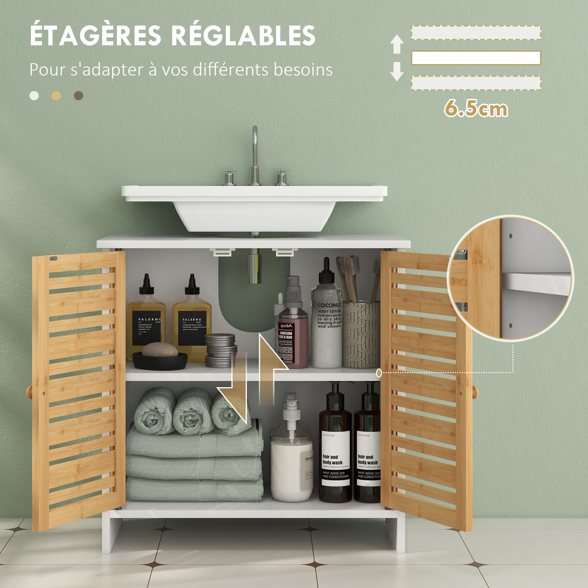 Meuble sous vasque meuble de salle de bain 2 portes avec étagère réglable armoire de rangement pour lavabo 60 x 30 x 60 cm en bambou naturel et blanc