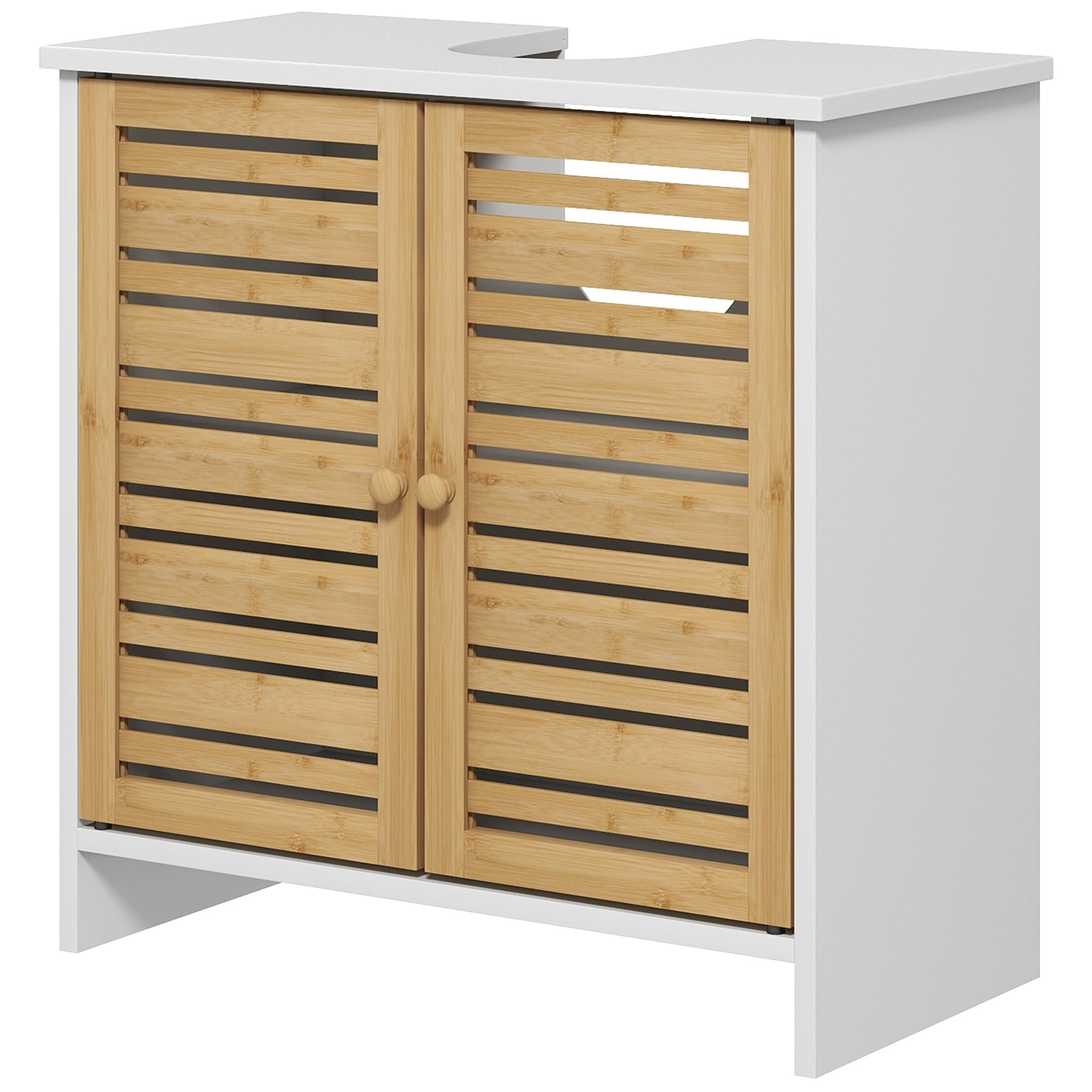 Meuble sous vasque meuble de salle de bain 2 portes avec étagère réglable armoire de rangement pour lavabo 60 x 30 x 60 cm en bambou naturel et blanc