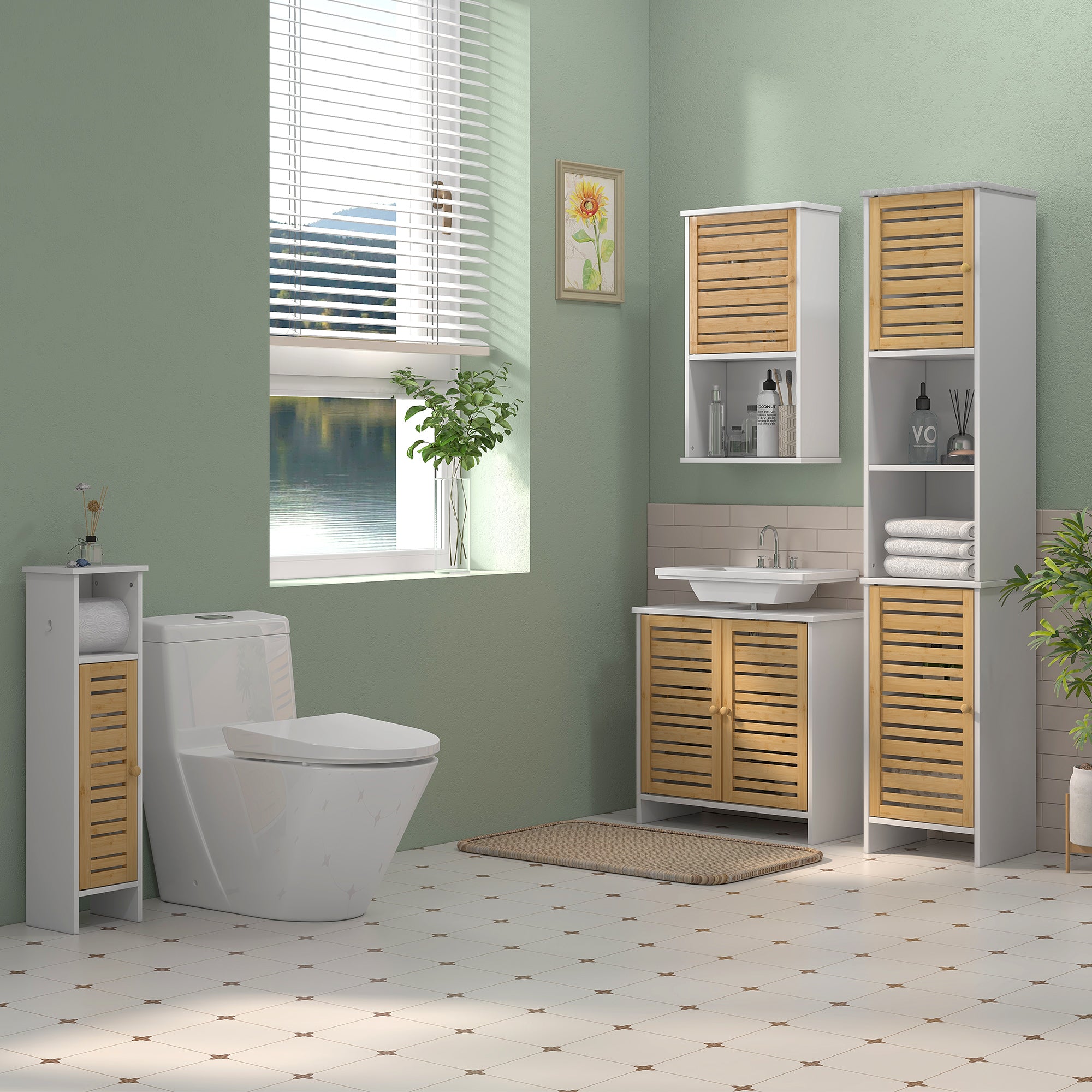 Meuble sous vasque meuble de salle de bain 2 portes avec étagère réglable armoire de rangement pour lavabo 60 x 30 x 60 cm en bambou naturel et blanc