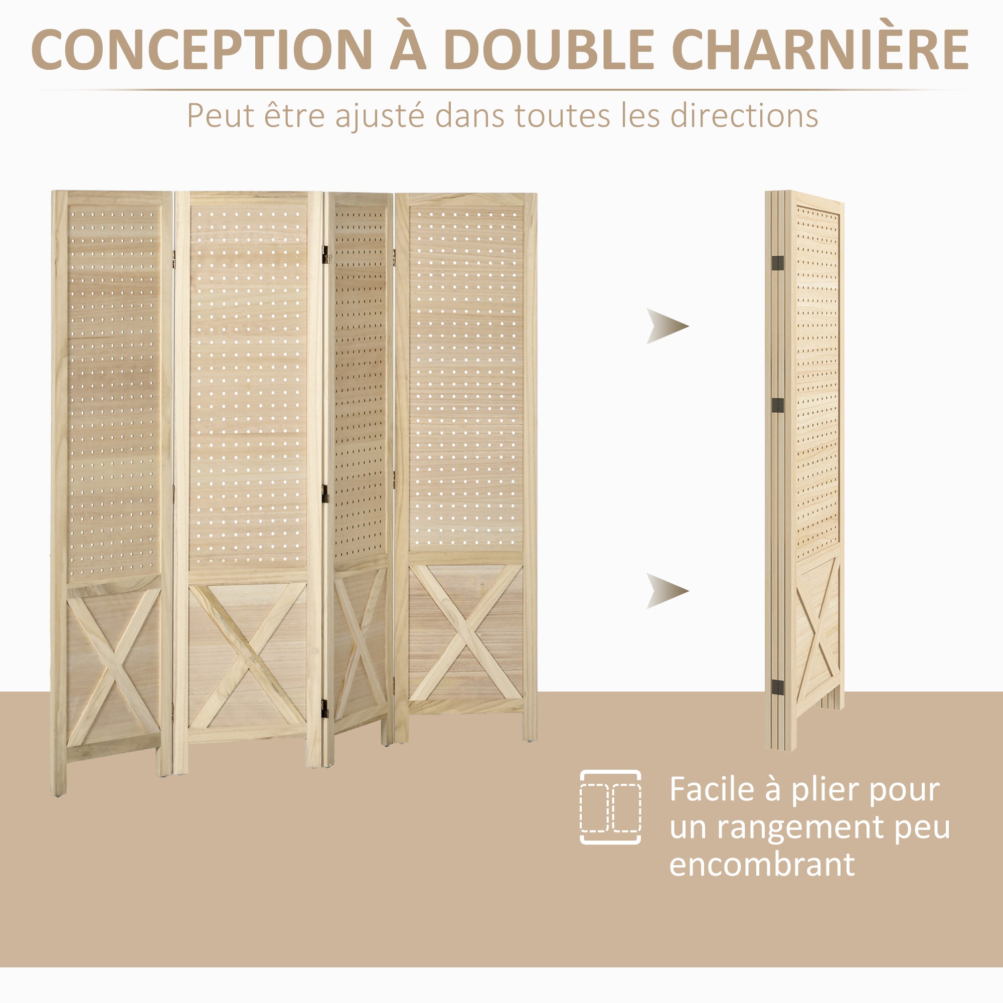 Paravent intérieur en bois, 4 panneaux, 152 x 144,5 cm, panneau perforé, séparateur de pièce pliable, Panneau perforé pour salon, chambre à coucher, maison, bois naturel