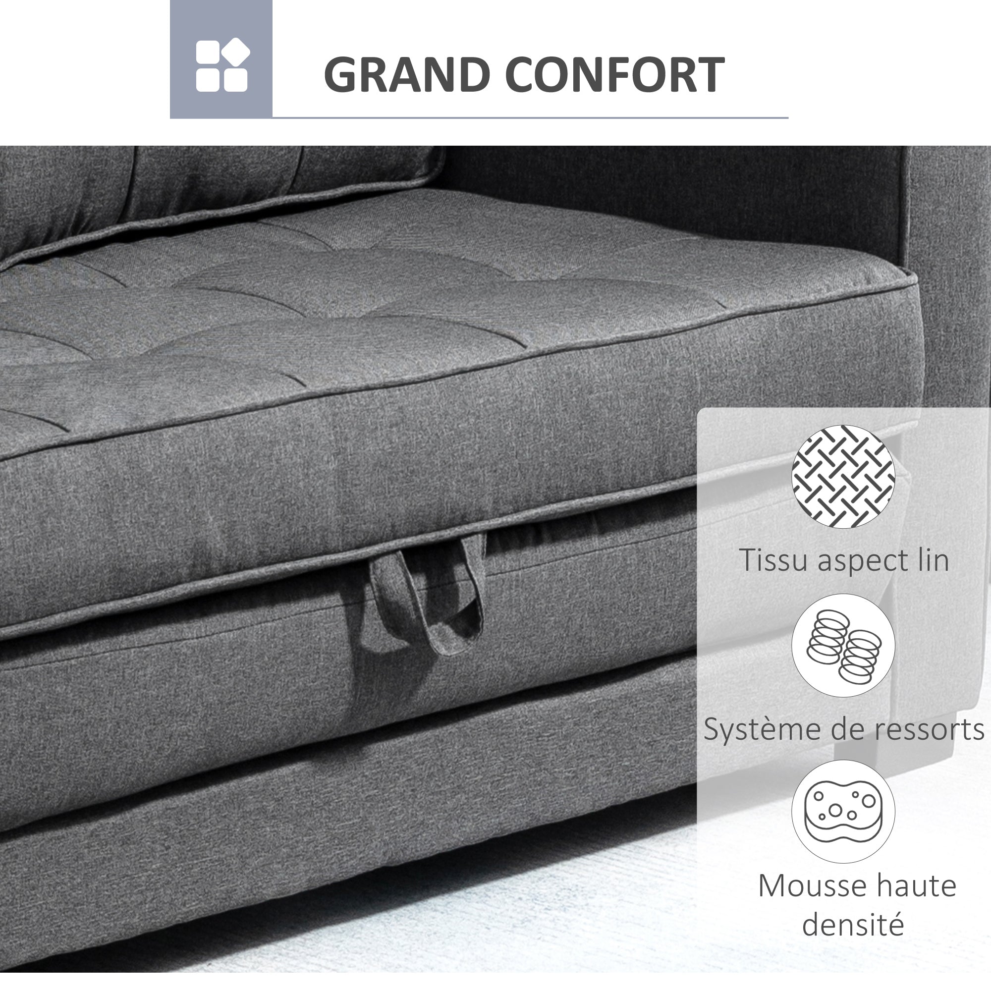 Canapé droit convertible 2 places - dossier capitonné - 147,5 x 75 x 85 cm - gris